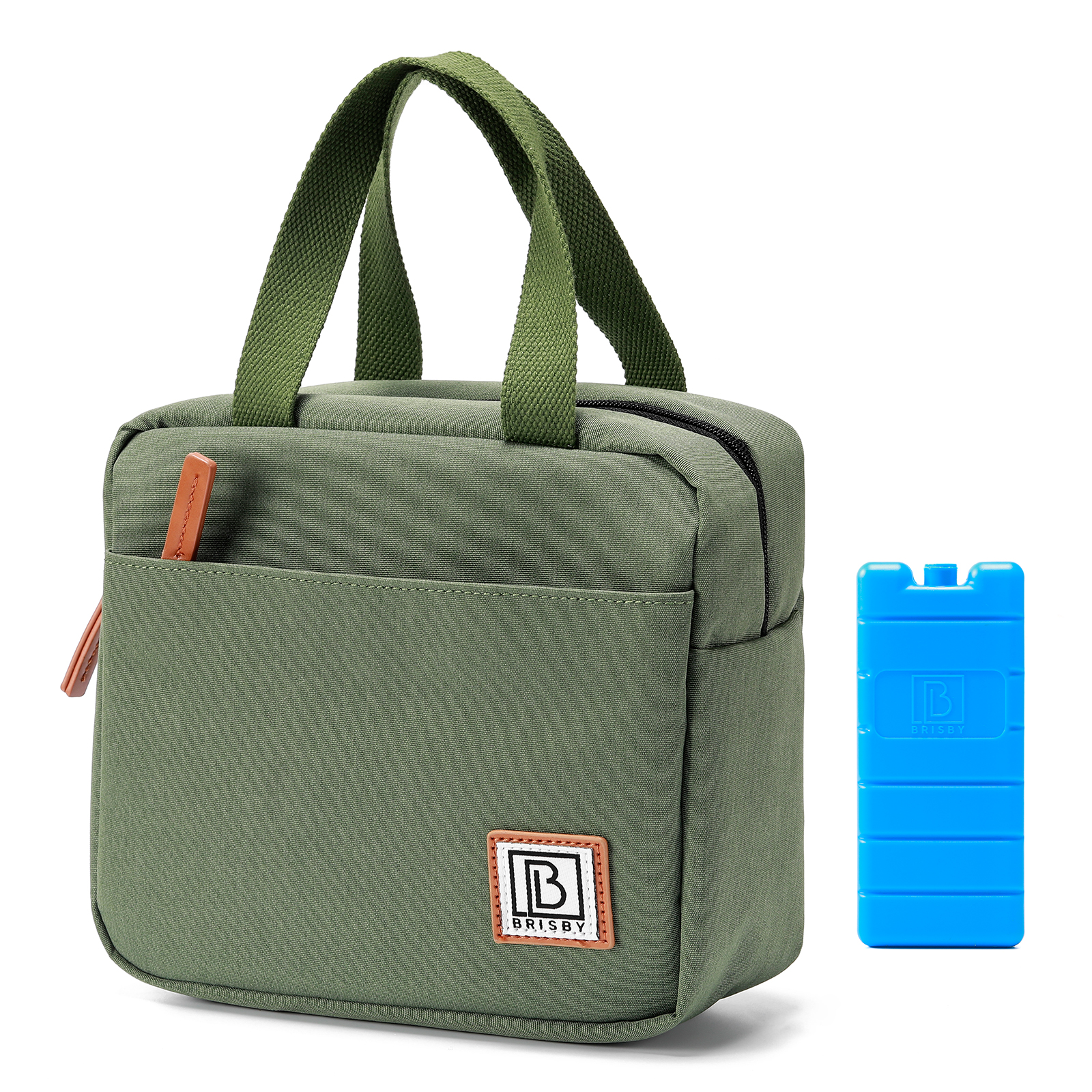 Groene lunchtas met handvatten, bruine accenten en blauwe icepack. De tas heeft een zak en een logo.