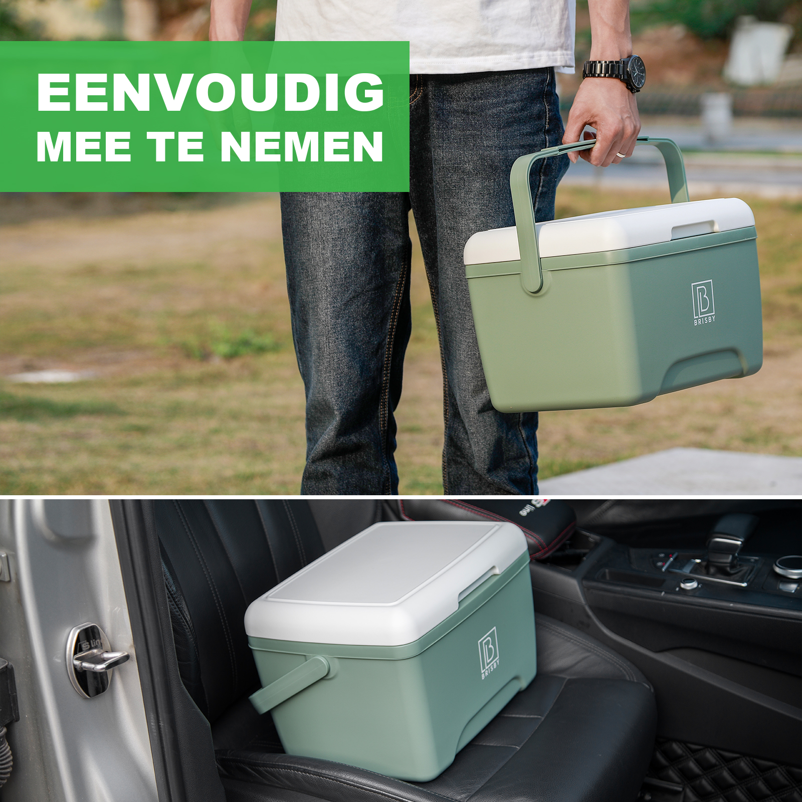 Een persoon houdt een groen-witte koeler vast. De koeler staat in een auto in de andere afbeelding.