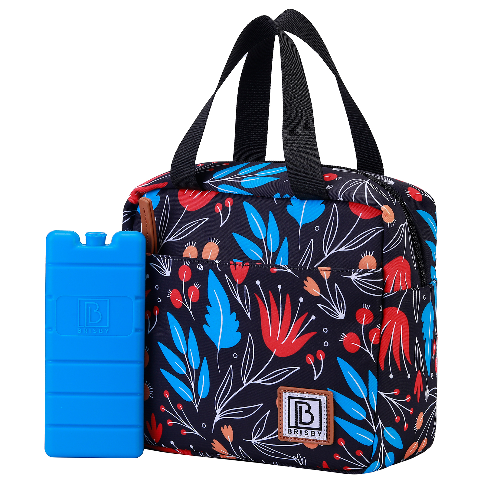 Een bloemen lunchtas met een blauwe ijszak. De tas heeft een zwarte achtergrond met rode, blauwe en witte bloempatronen.