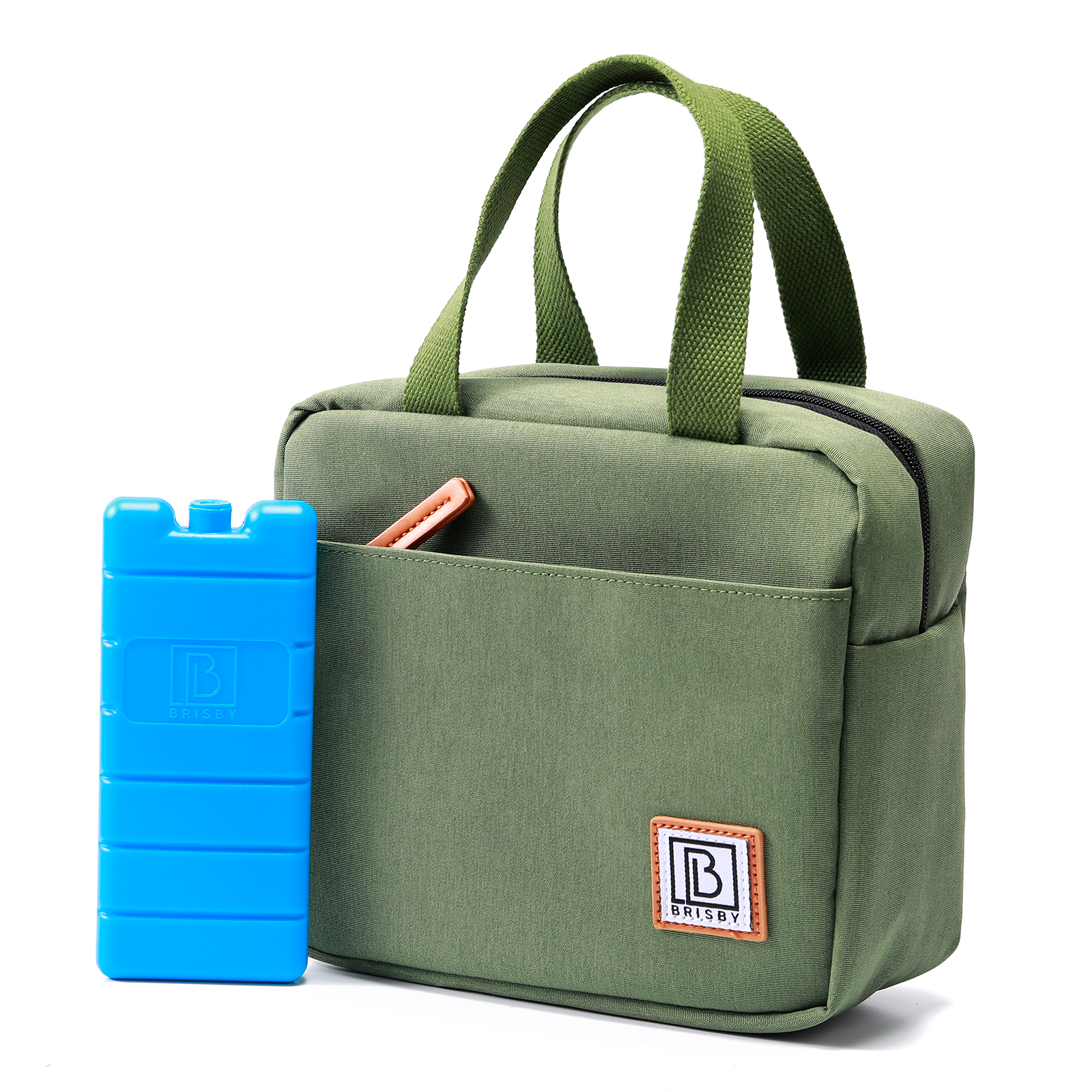 Een olijfgroene lunchtas met een blauwe koelelement. De tas heeft een handvat en een voorvak.