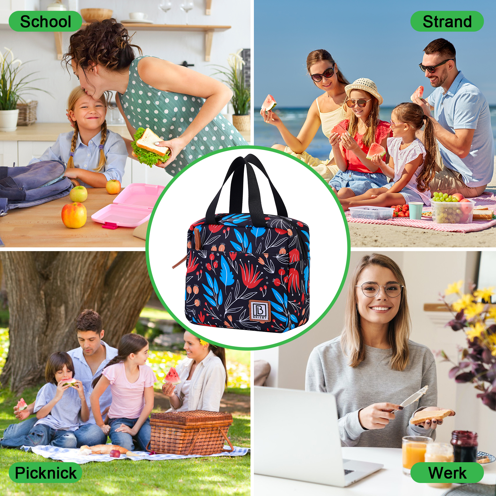 Een lunchtas met bloemmotief staat centraal. Vier scènes: school, strand, picknick en werk, worden rond de tas weergegeven.