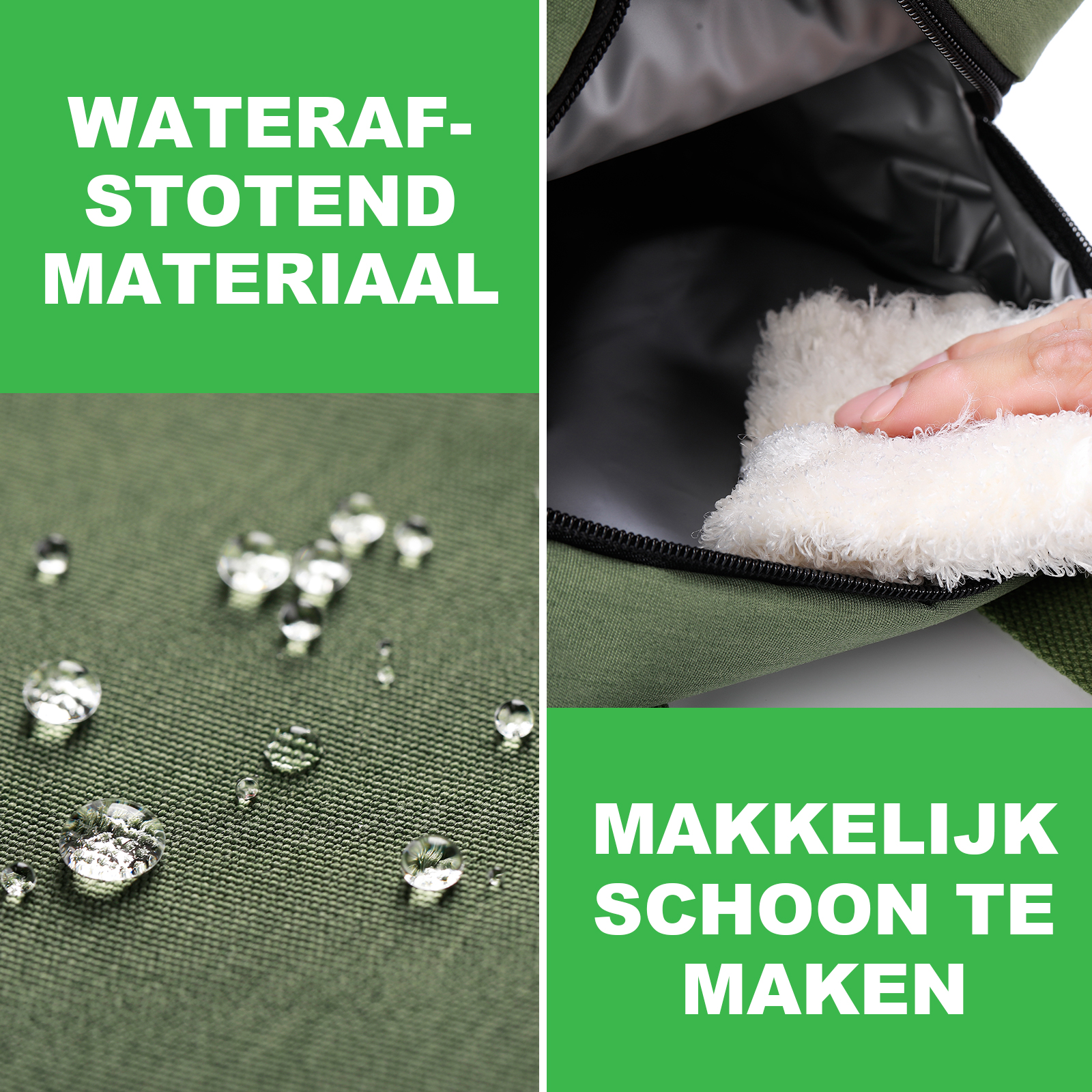 Afbeelding toont waterdruppels op olijfgroene stof en een hand die de binnenkant van een tas schoonmaakt met een witte doek. Tekst: waterdicht en gemakkelijk schoon te maken.