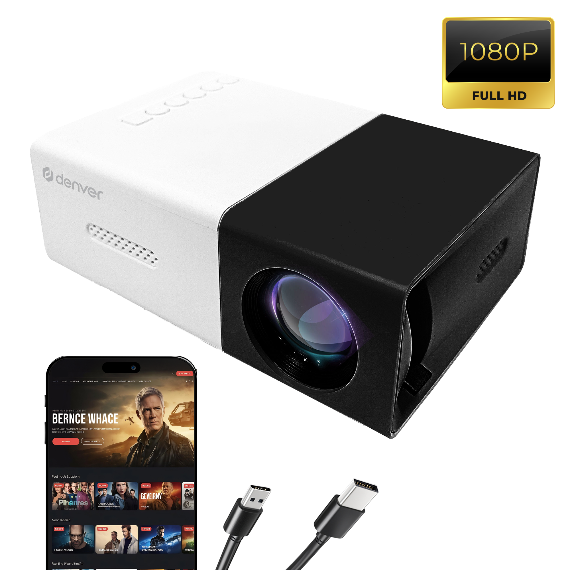 Un proiettore bianco e nero con un cavo e un telefono che mostra un film. Un cartello 1080P Full HD è in alto a destra.