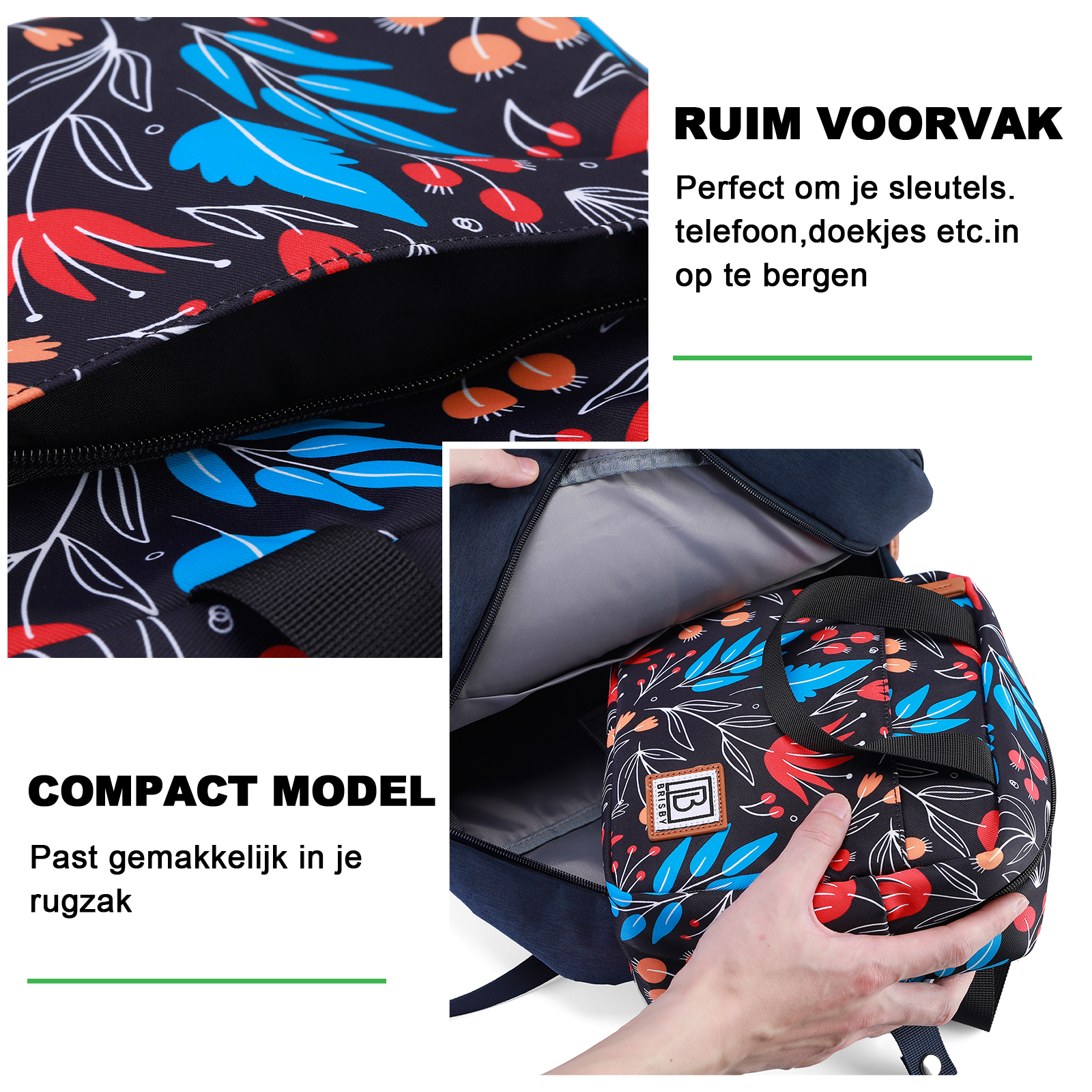 Een rugzak met bloemenpatroon, rode en blauwe elementen, open om de binnenkant te laten zien. Tekst zegt 'compact model' en 'ruim voorvak'.