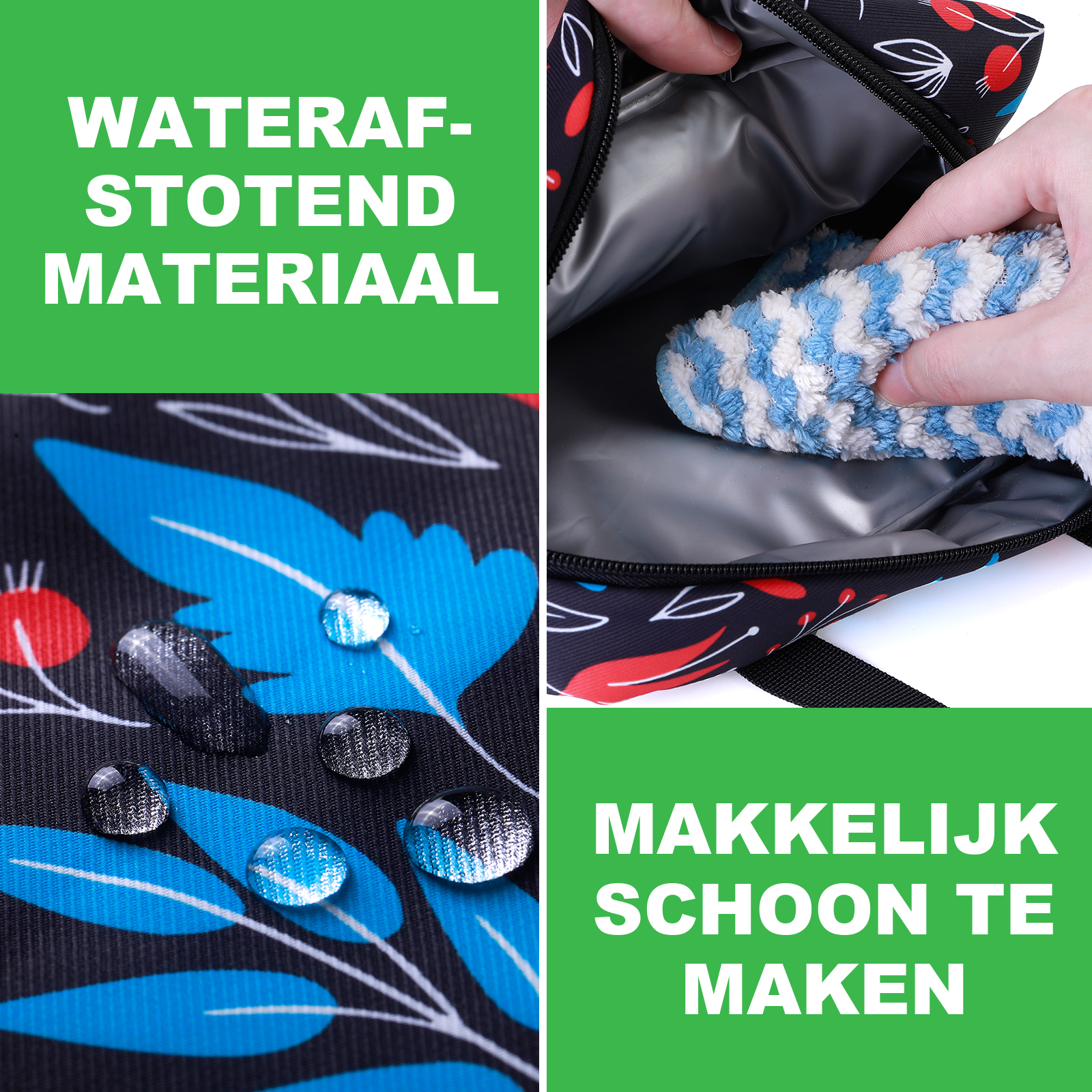 Een tas met bloemenpatroon, waterdruppels op de stof, een hand in de tas met een pluizige doek.