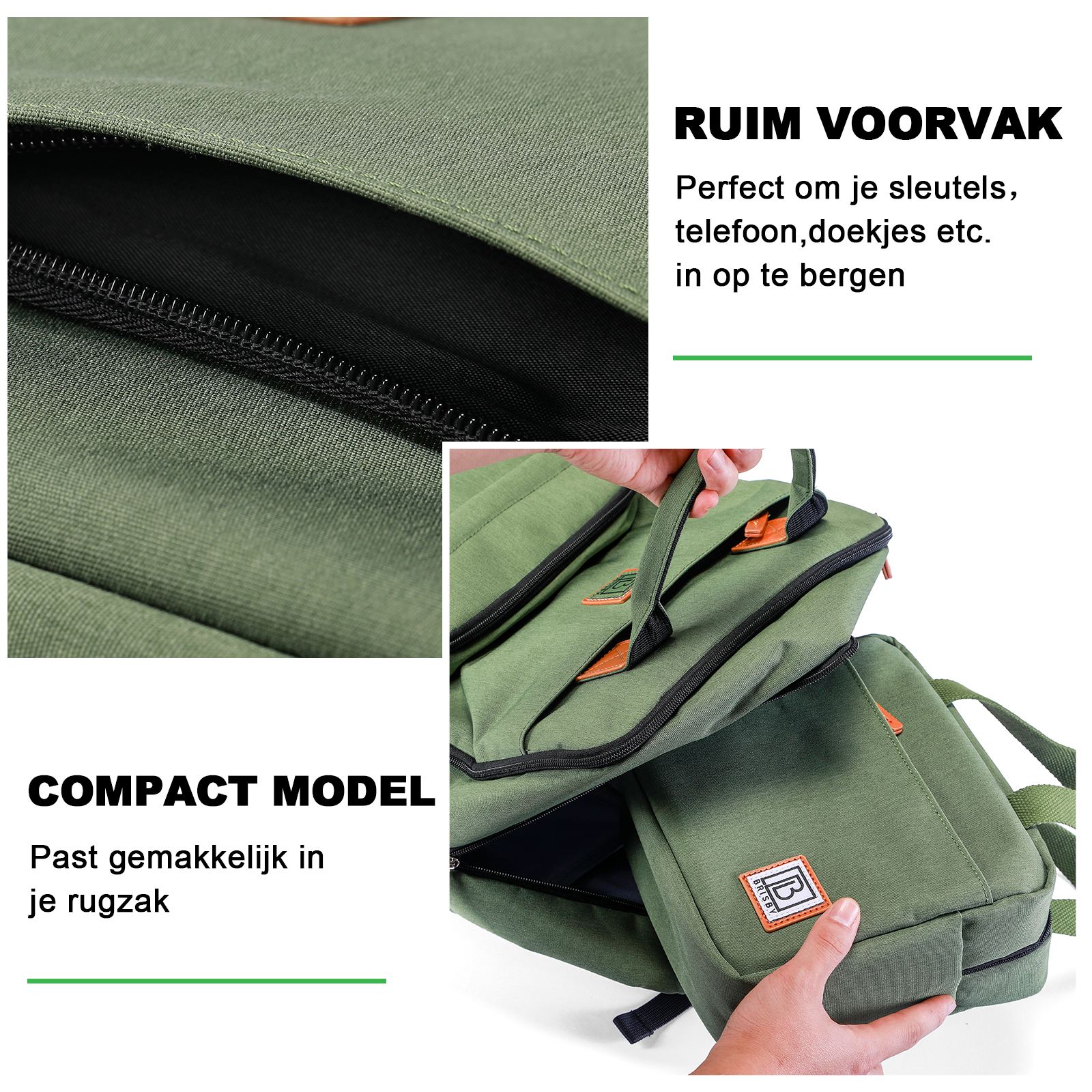 Groene rugzak met meerdere compartimenten. Een hand opent een compartiment. Tekst: Compact model, RUIM VOORVAK.