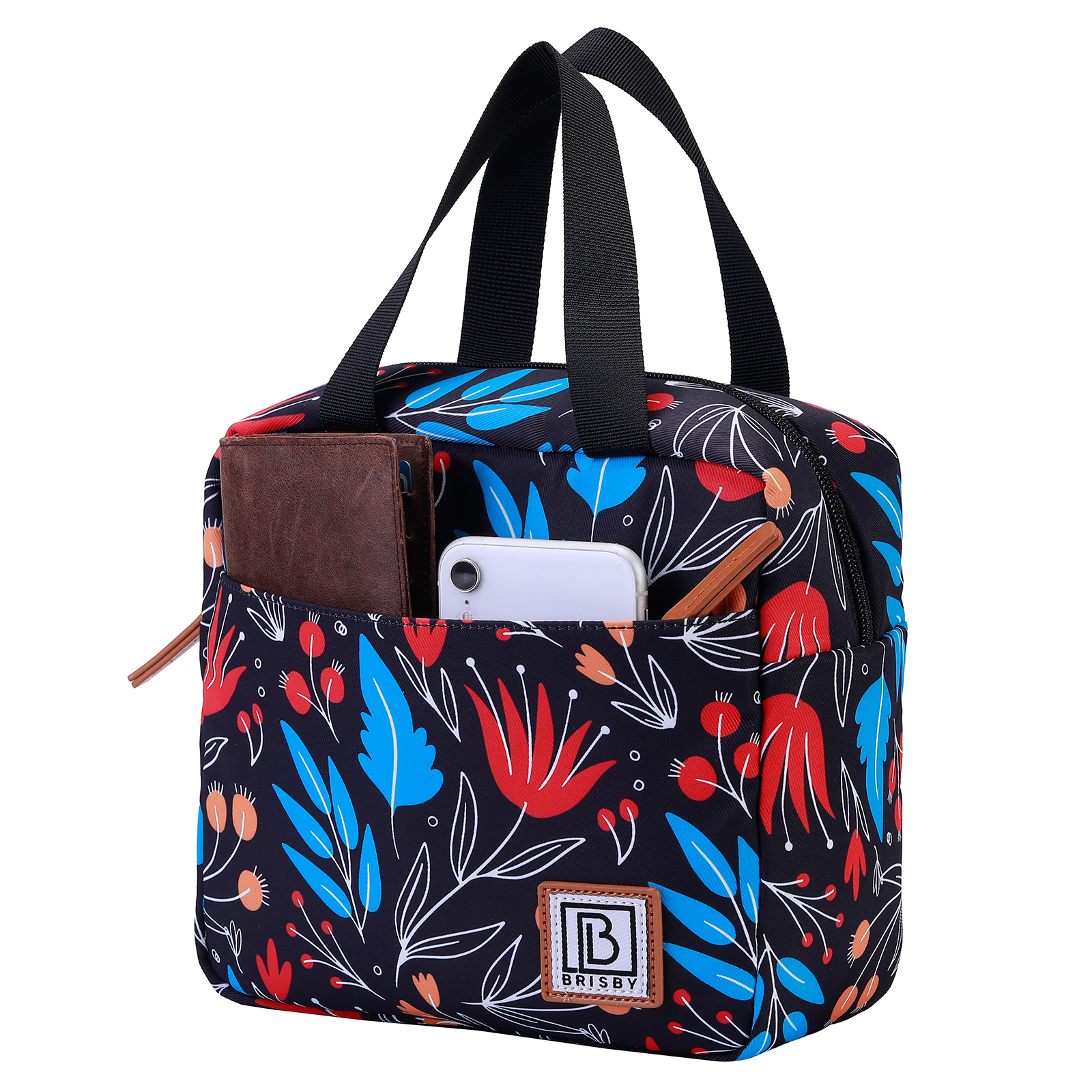 Een lunchtas met bloemenpatroon met een portemonnee, telefoon en potlood erin. Zwarte handvatten en een logo zijn zichtbaar.