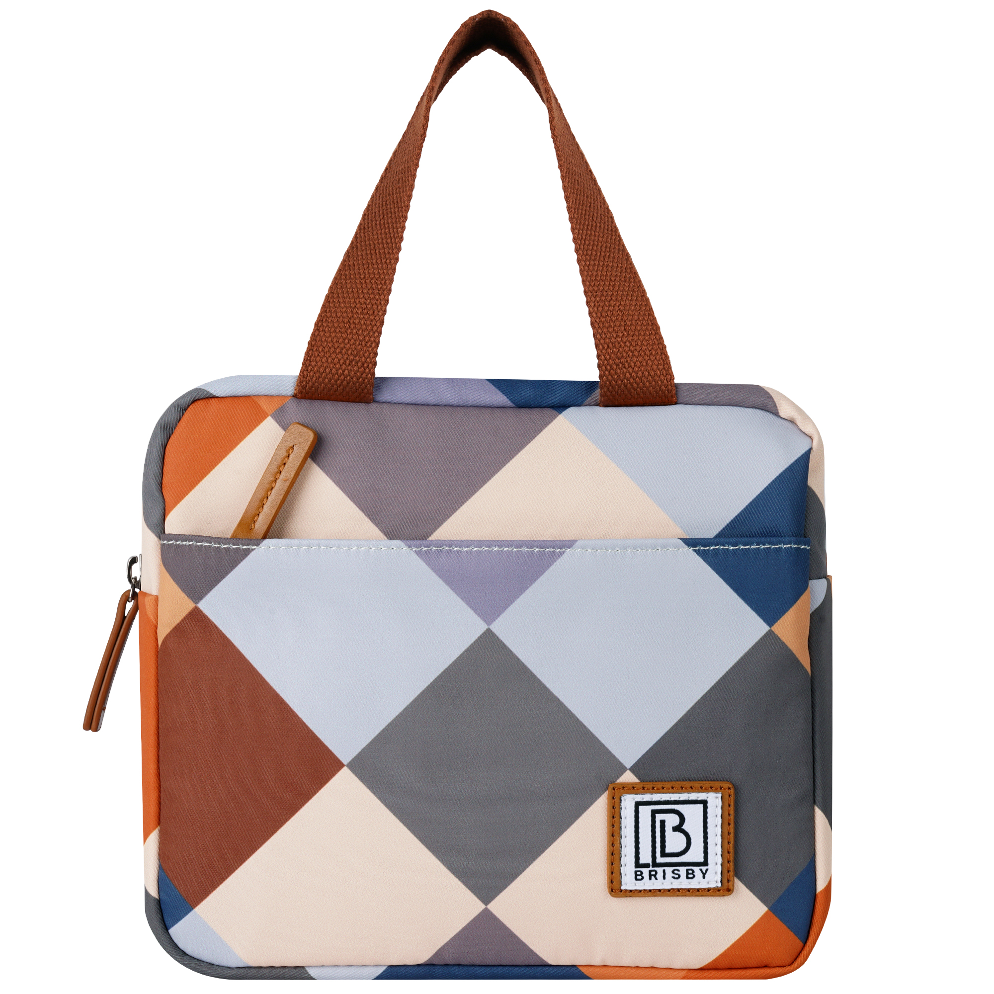 Een lunchtas met patroon en bruine handvatten. Het heeft een geometrisch ontwerp in oranje, grijs, blauw en crème.