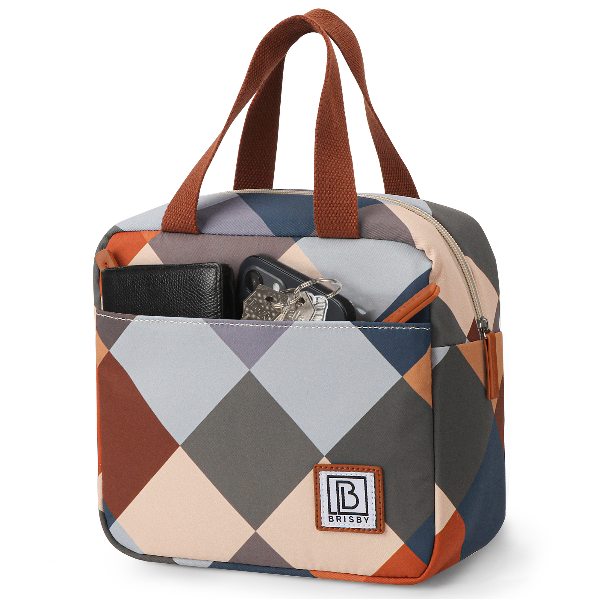 Een totebag met patroon en bruine handvatten. Binnenin: portemonnee, sleutels en telefoon. De tas heeft een rits en een merklabel.