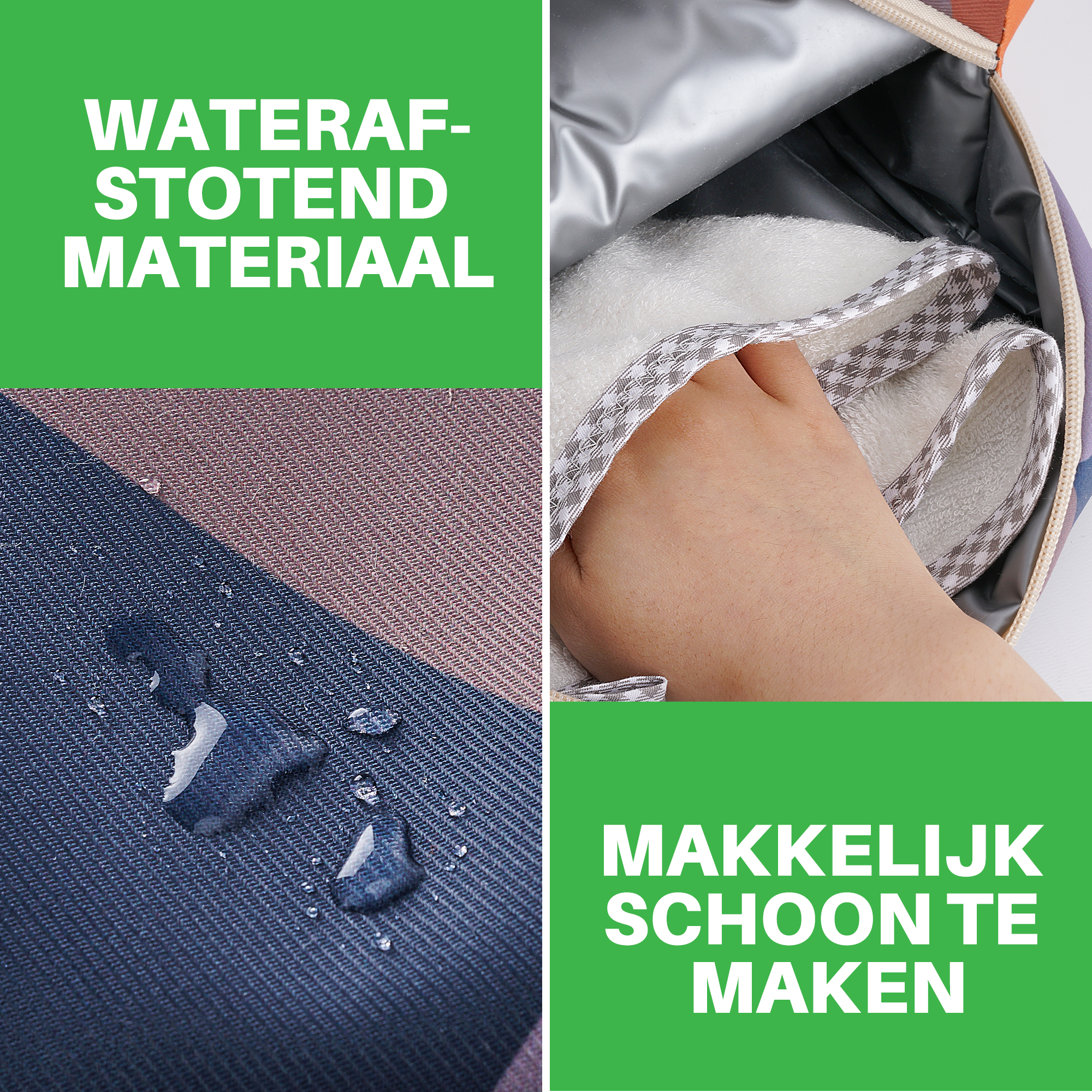 De afbeelding toont waterdichte stof met waterdruppels, een hand die een handdoek vasthoudt en de tekst 'makkelijk schoon te maken'.