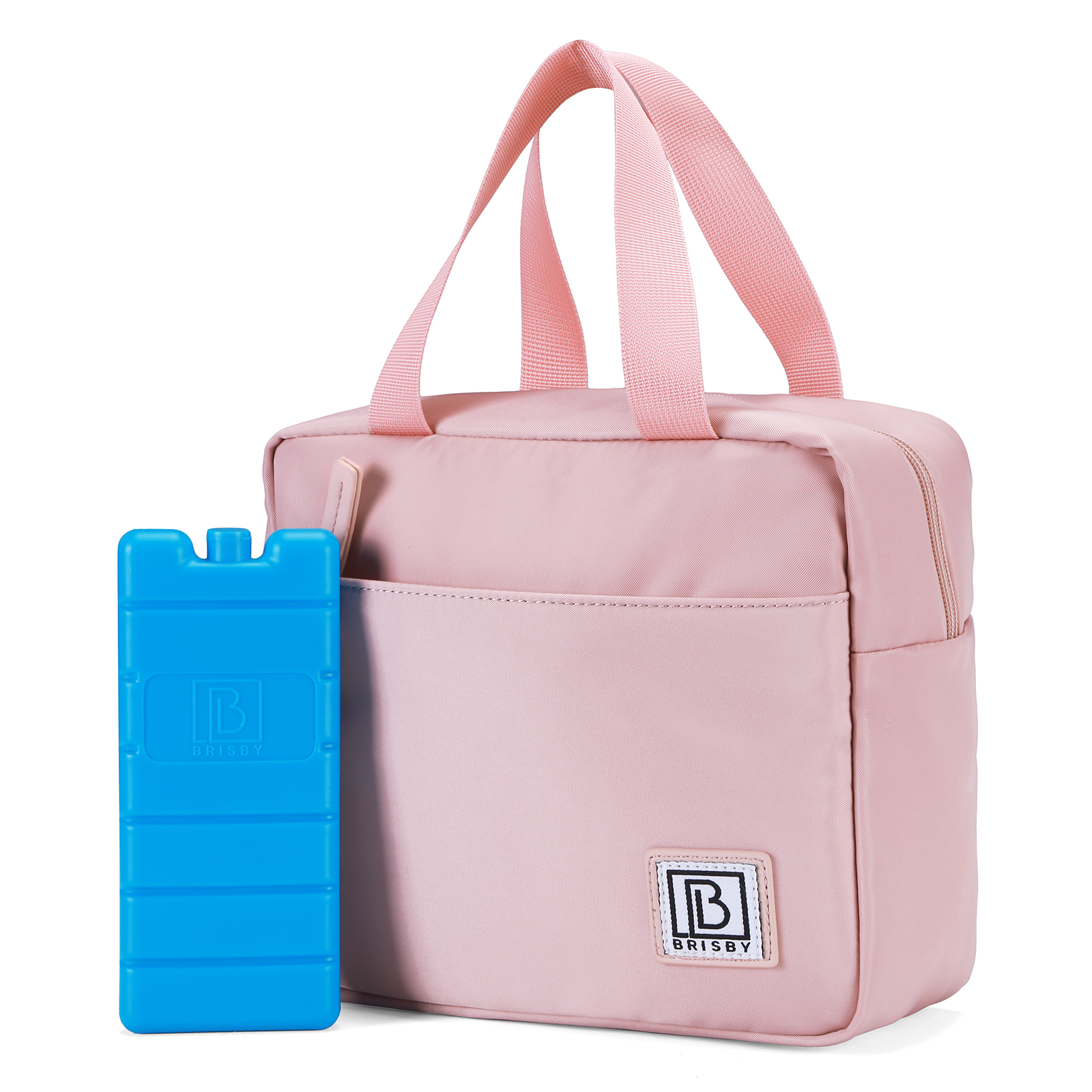 Roze lunchtas met handvat en blauwe icepack. Tas heeft een zak en een label met 'BRISBY'.