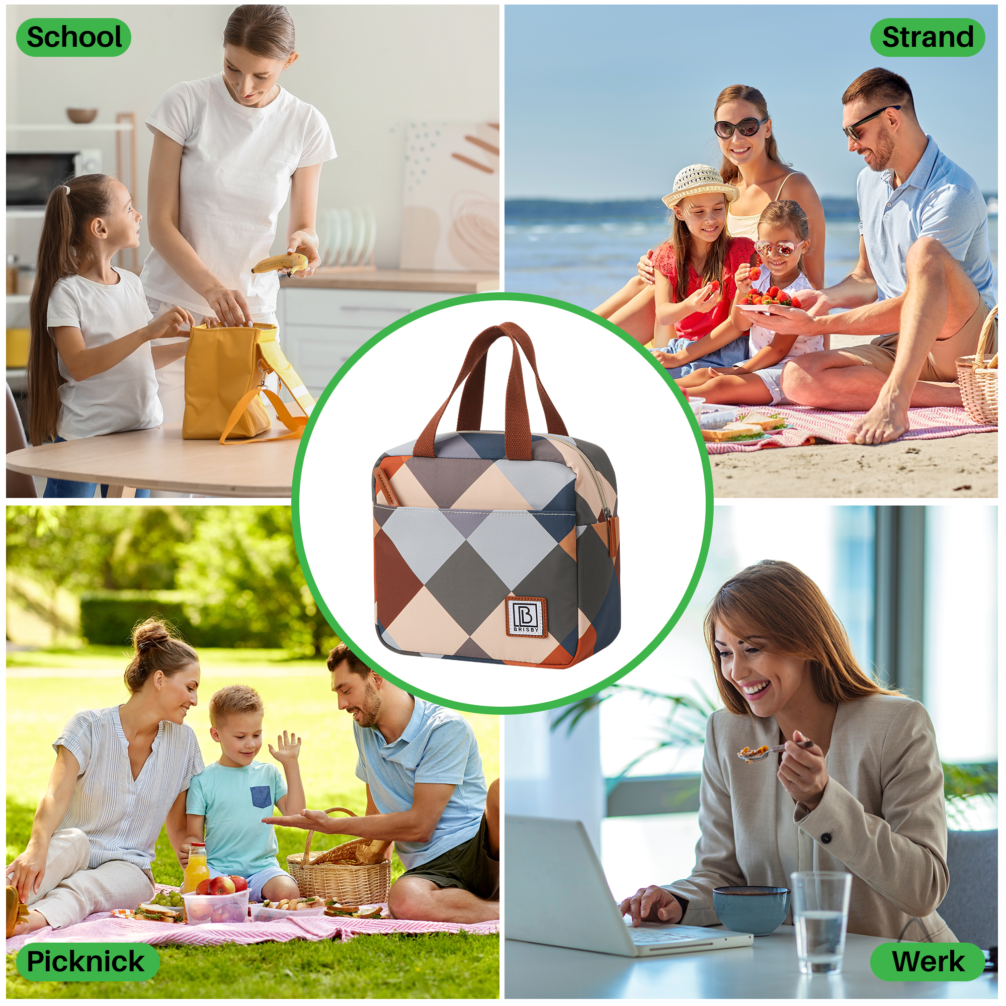 Een lunchtas met een geometrisch patroon wordt getoond, omringd door scènes van school, strand, picknick en werkomgevingen.
