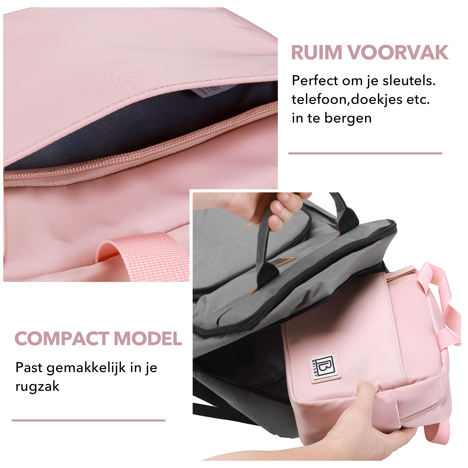 Een roze rugzak met een voorvak, een grijs compartiment en een hand die de rugzak vasthoudt.