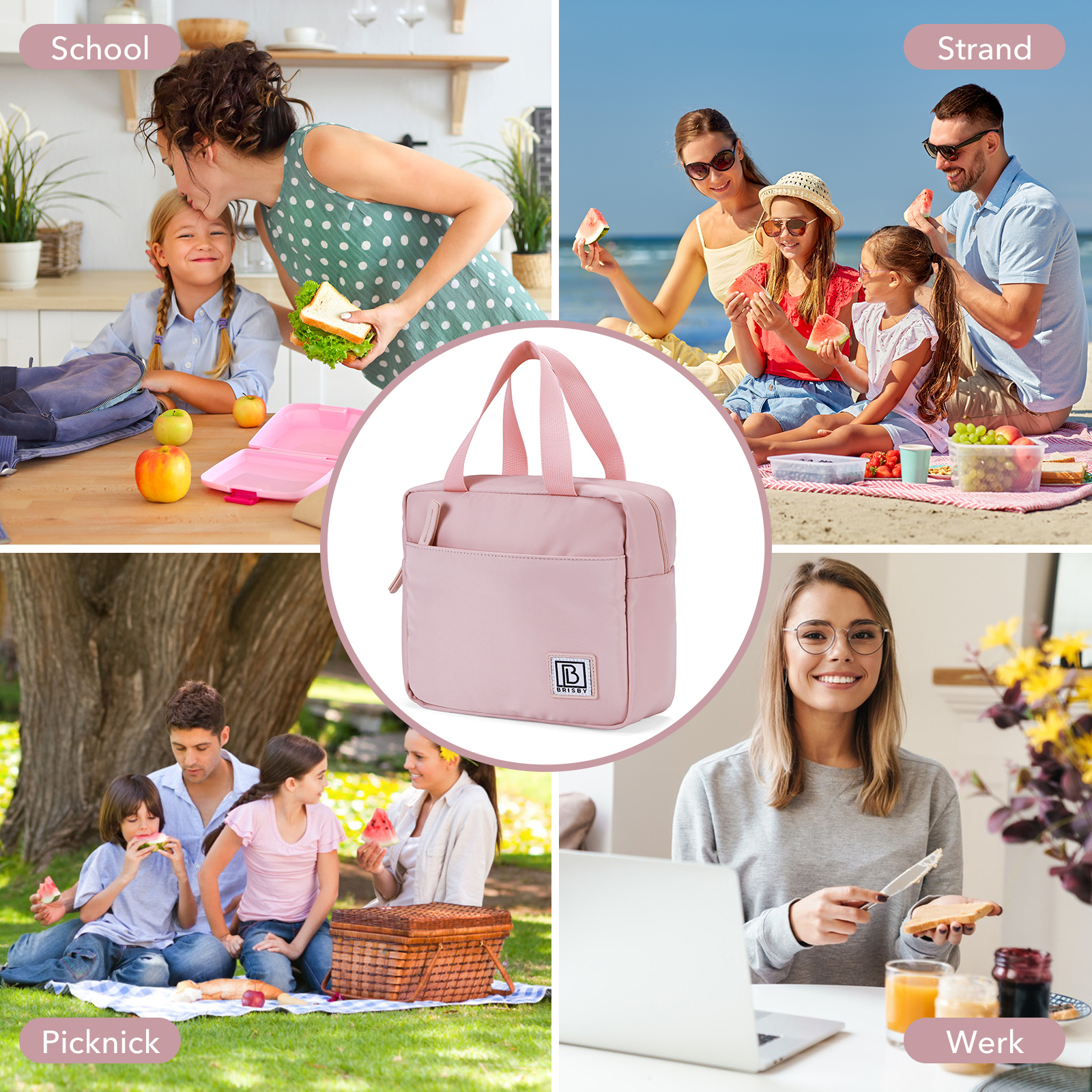 Een roze lunchtas is de centrale afbeelding. Scènes tonen school, strand, picknick en werk, waarbij de veelzijdigheid van de tas wordt benadrukt.