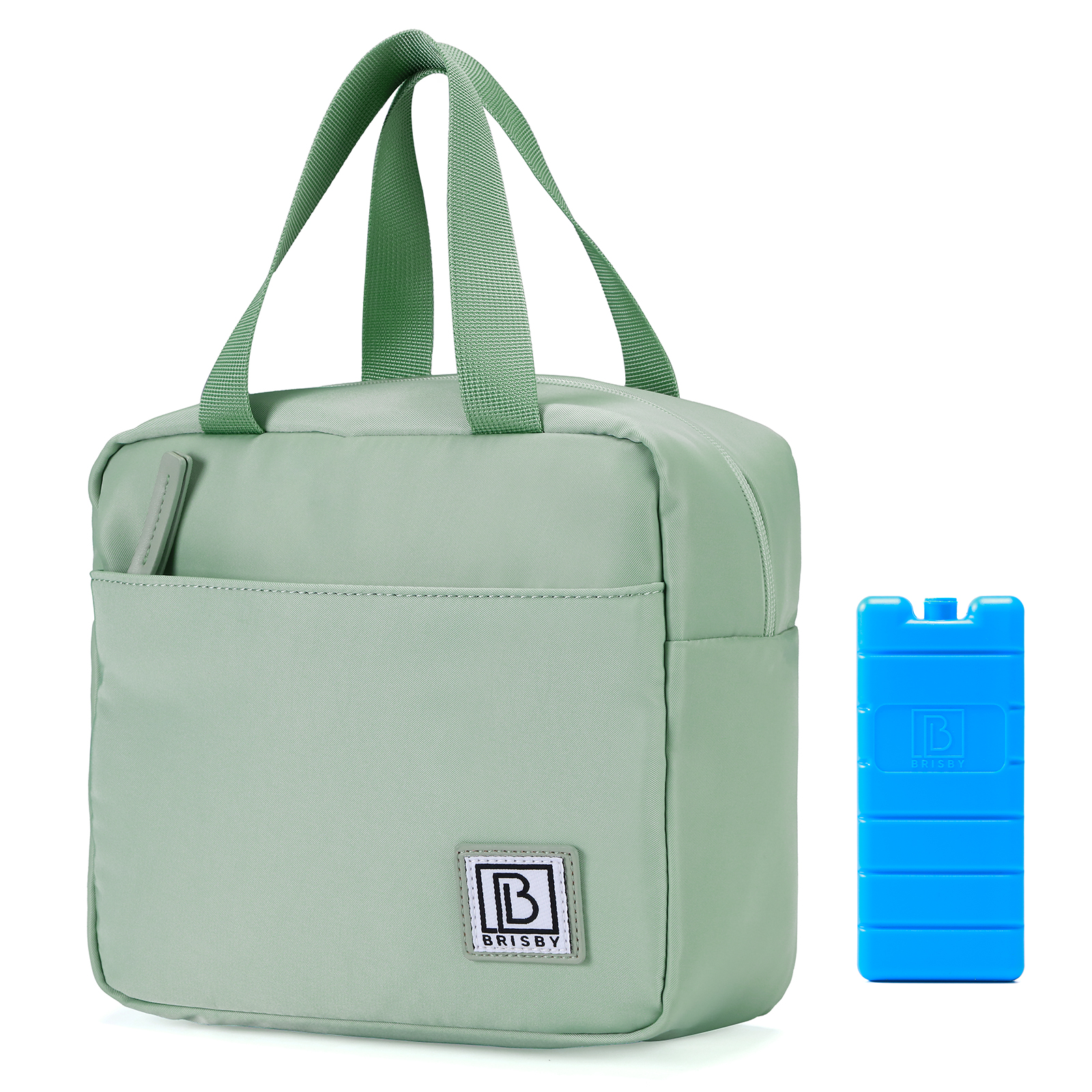 Een mintgroene lunchtas met handvatten en een blauwe icepack. De tas heeft een voorvak en een merklogo.