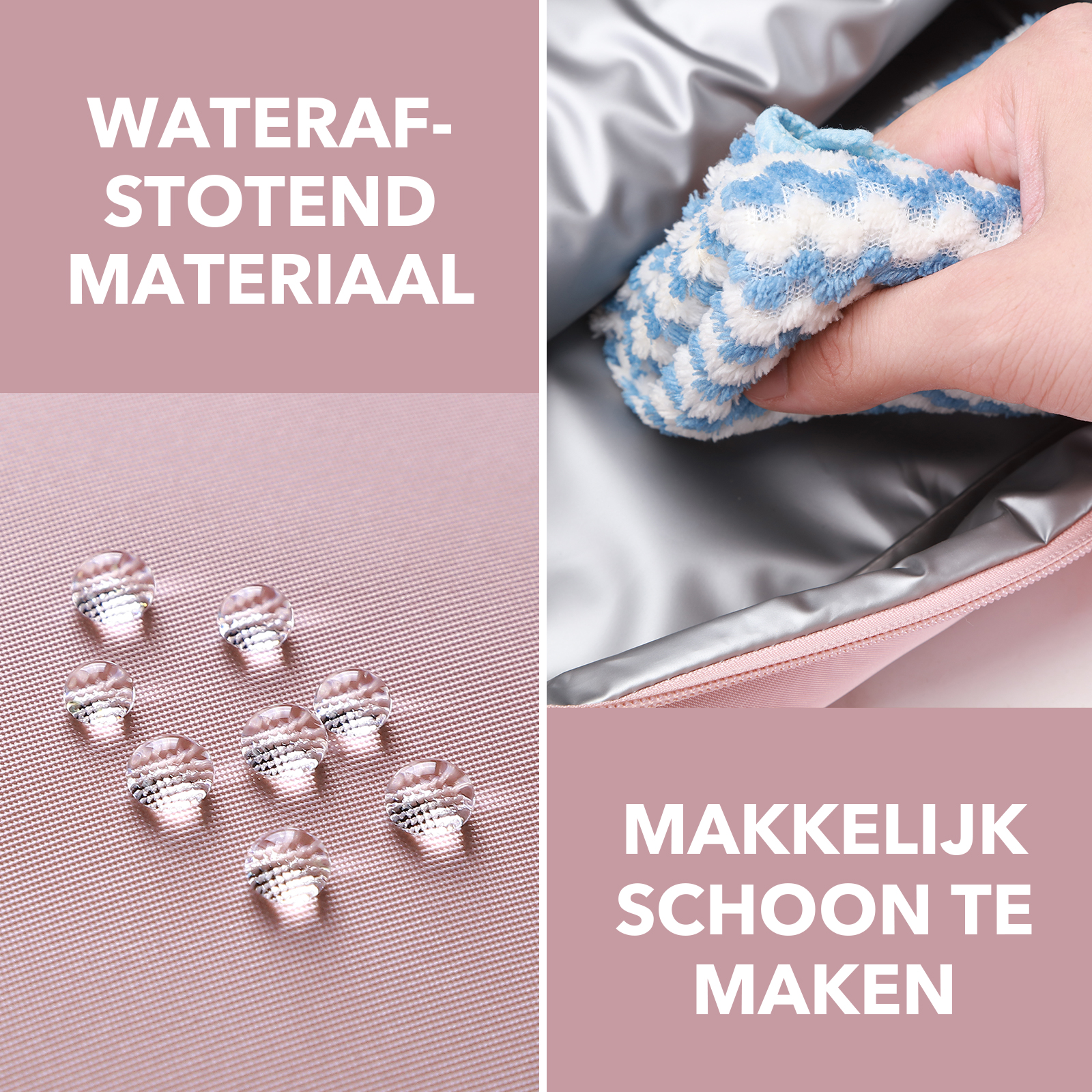 Afbeelding toont een roze tas die wordt schoongemaakt met een blauw-witte doek. Waterdruppels liggen op het roze oppervlak.