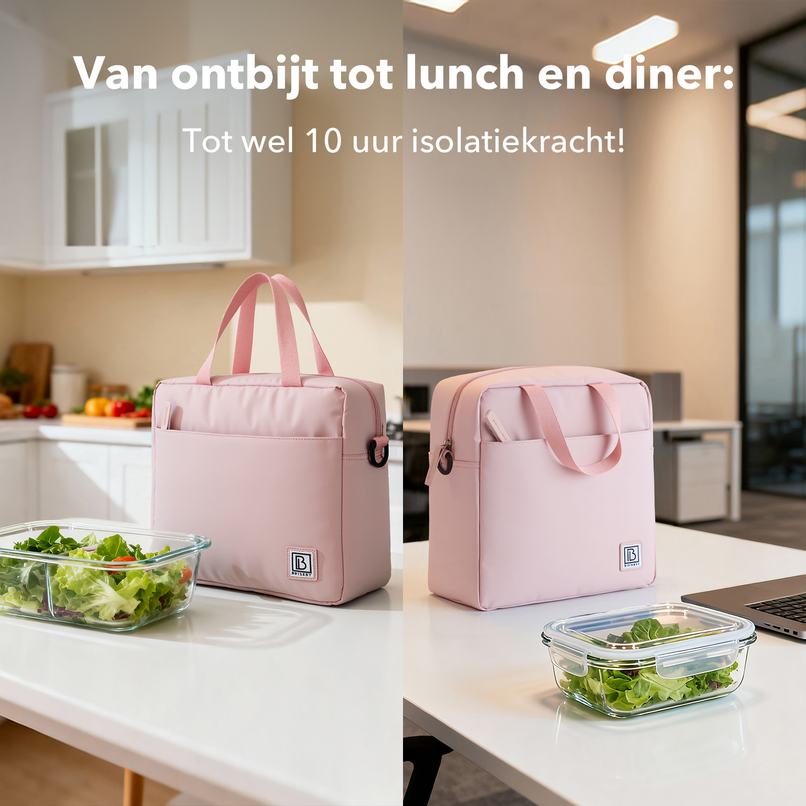 Afbeelding toont twee roze lunchtassen met tekst over isolatie. Salade in glazen bakjes staat op een witte tafel.