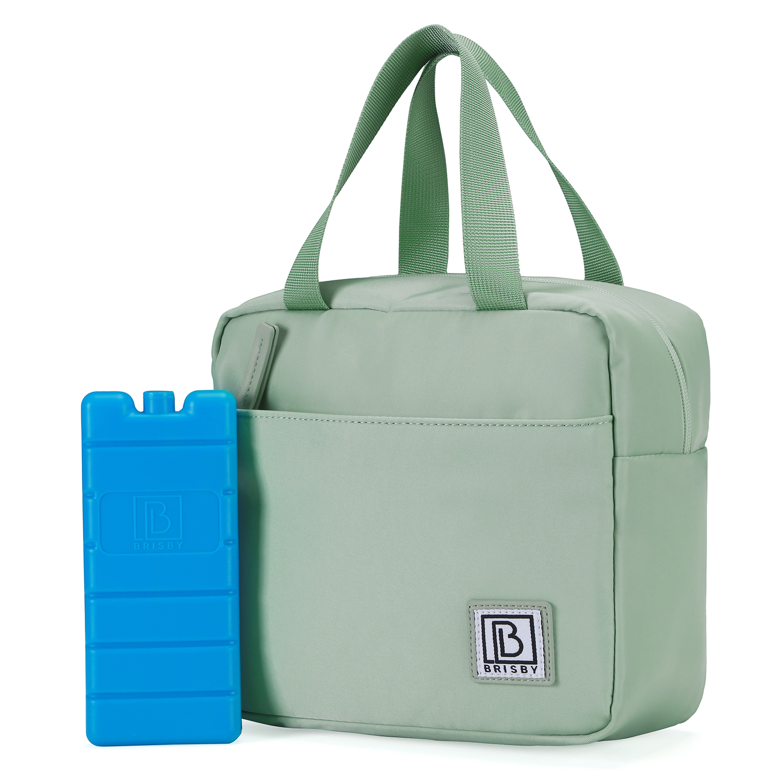 Een mintgroene lunchtas met een bijpassende handgreep en een blauwe ijszak. Beide staan op een witte achtergrond.