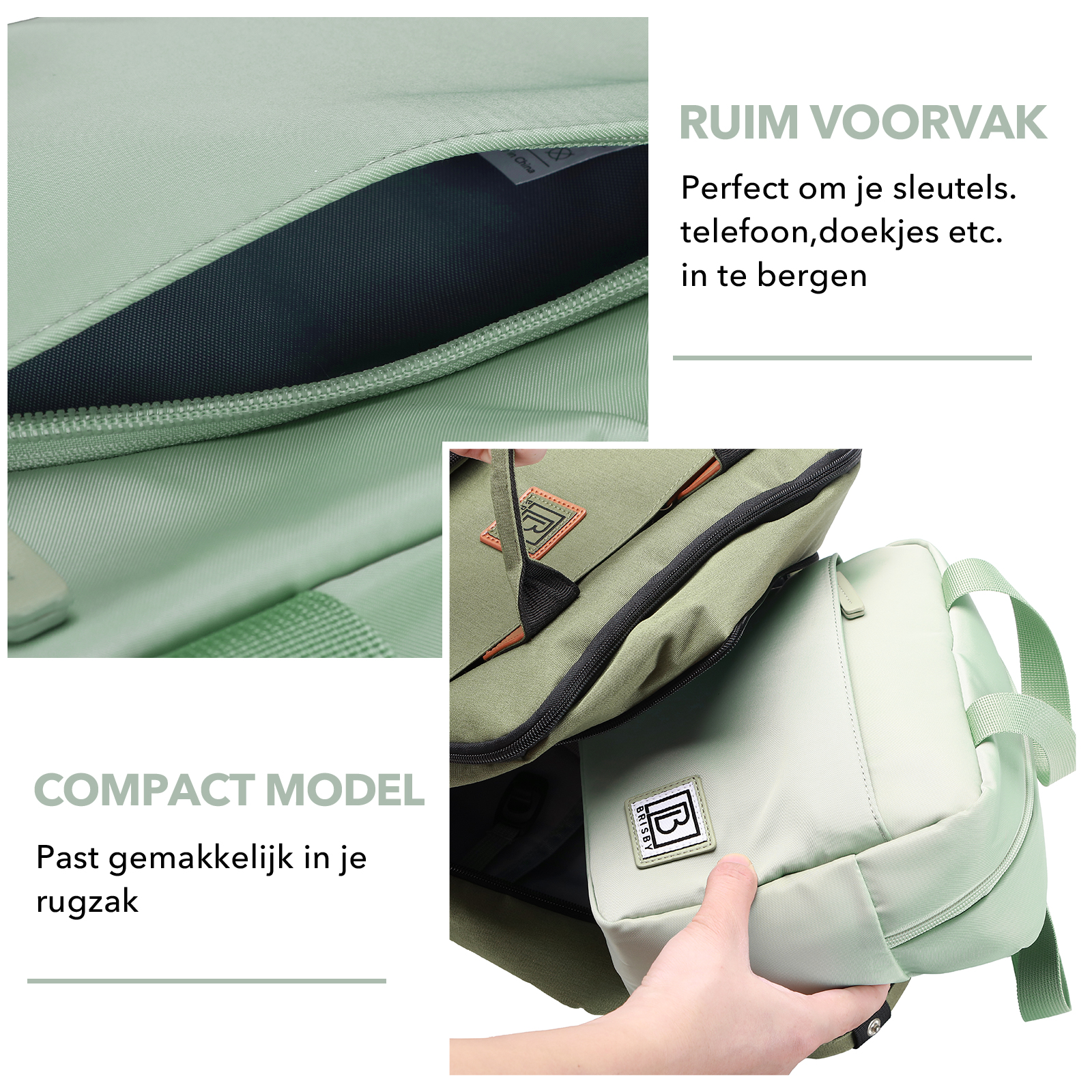 Een mintgroene rugzak is gedeeltelijk open, met een hand die hem vasthoudt. Tekst: compact model.