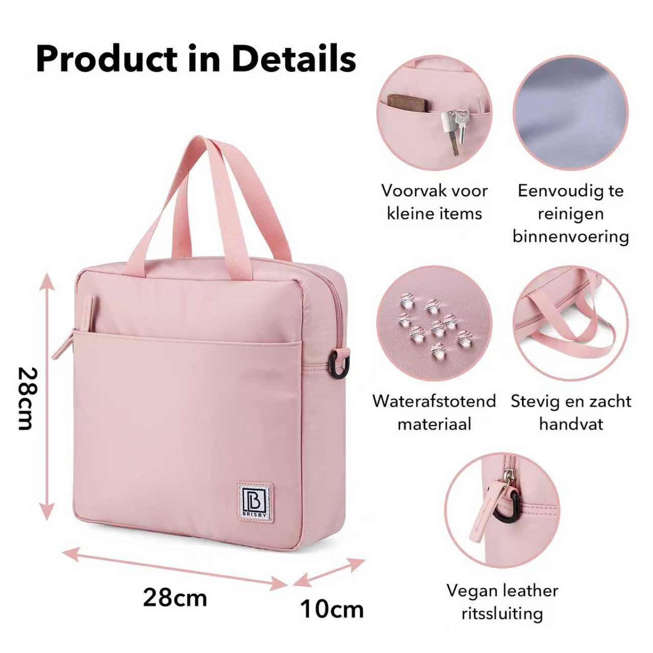 Een roze draagtas met afmetingen. Details zijn zakken, waterdicht materiaal en een vegan leren rits.