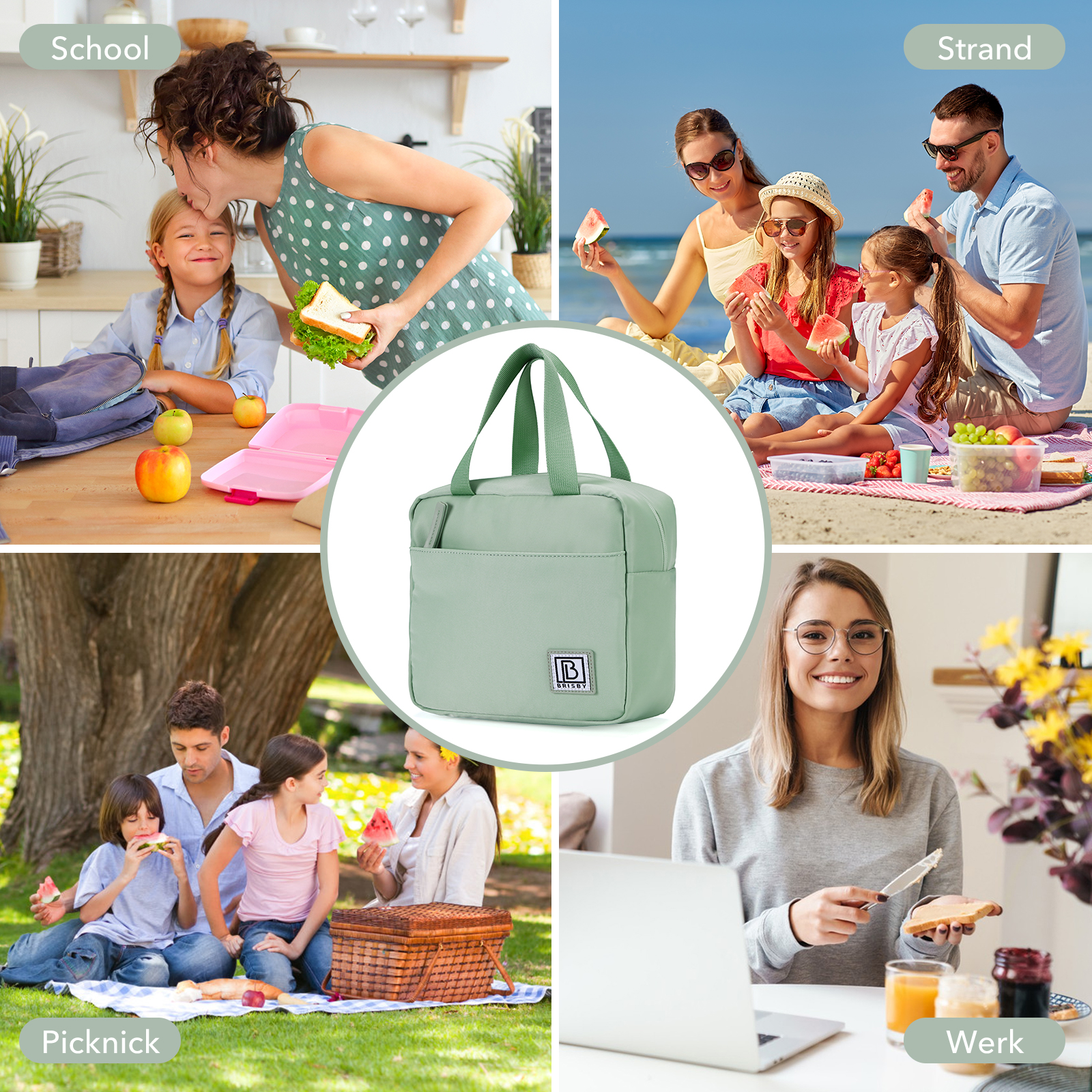 Afbeelding toont scènes: school, strand, picknick en werk. Een centrale tas wordt weergegeven. Mensen eten, werken en vermaken zich.