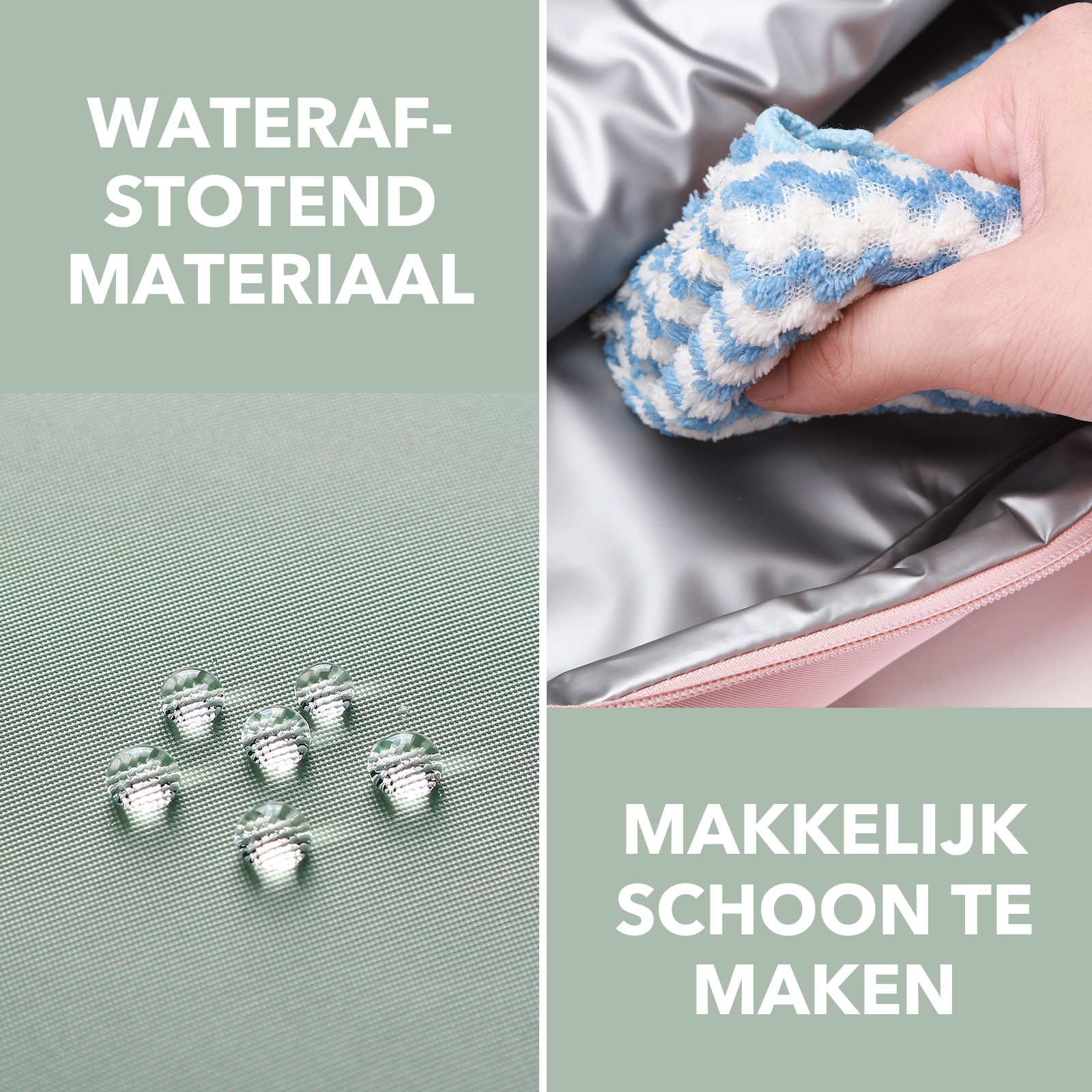 Afbeelding toont waterdruppels op stof. Een hand veegt de binnenkant van een roze tas af met een blauw-witte doek. Tekst: waterbestendig en gemakkelijk schoon te maken.