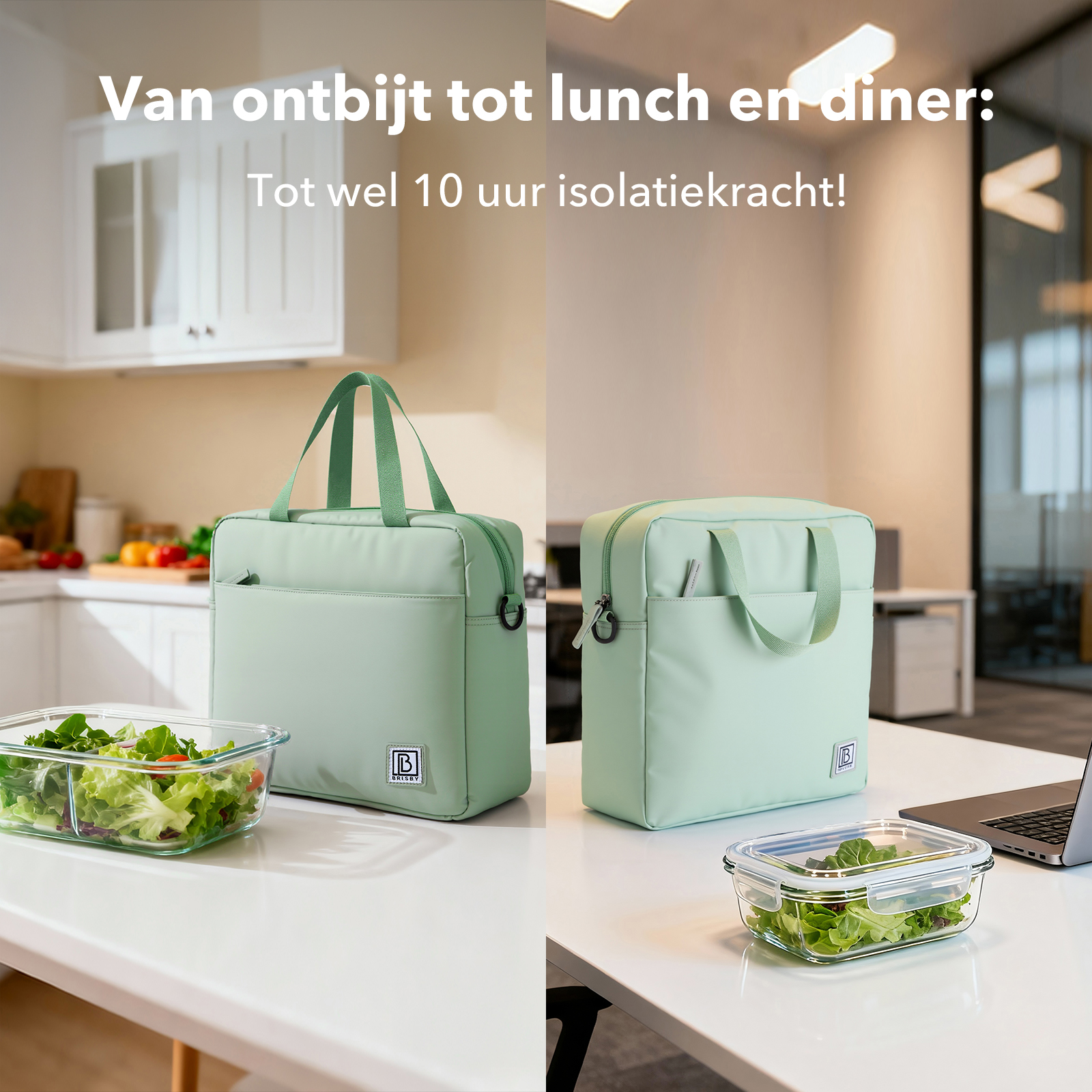 Twee groene lunchtassen, salade in glazen bakjes, op een witte tafel. Tekst: Van ontbijt tot diner: Tot 10 uur isolatie!