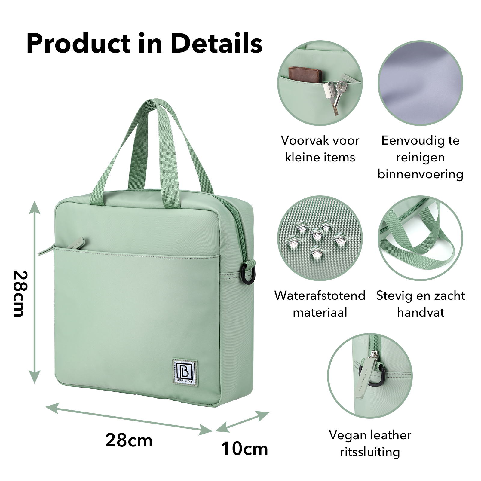 Een mintgroene tas met details van zakken, afmetingen en materiaaleigenschappen.