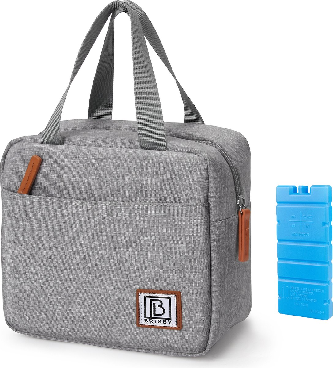 Een grijze lunchtas met handvatten, een voorvak, een rits en een bruin label. Een blauw icepack staat ernaast.