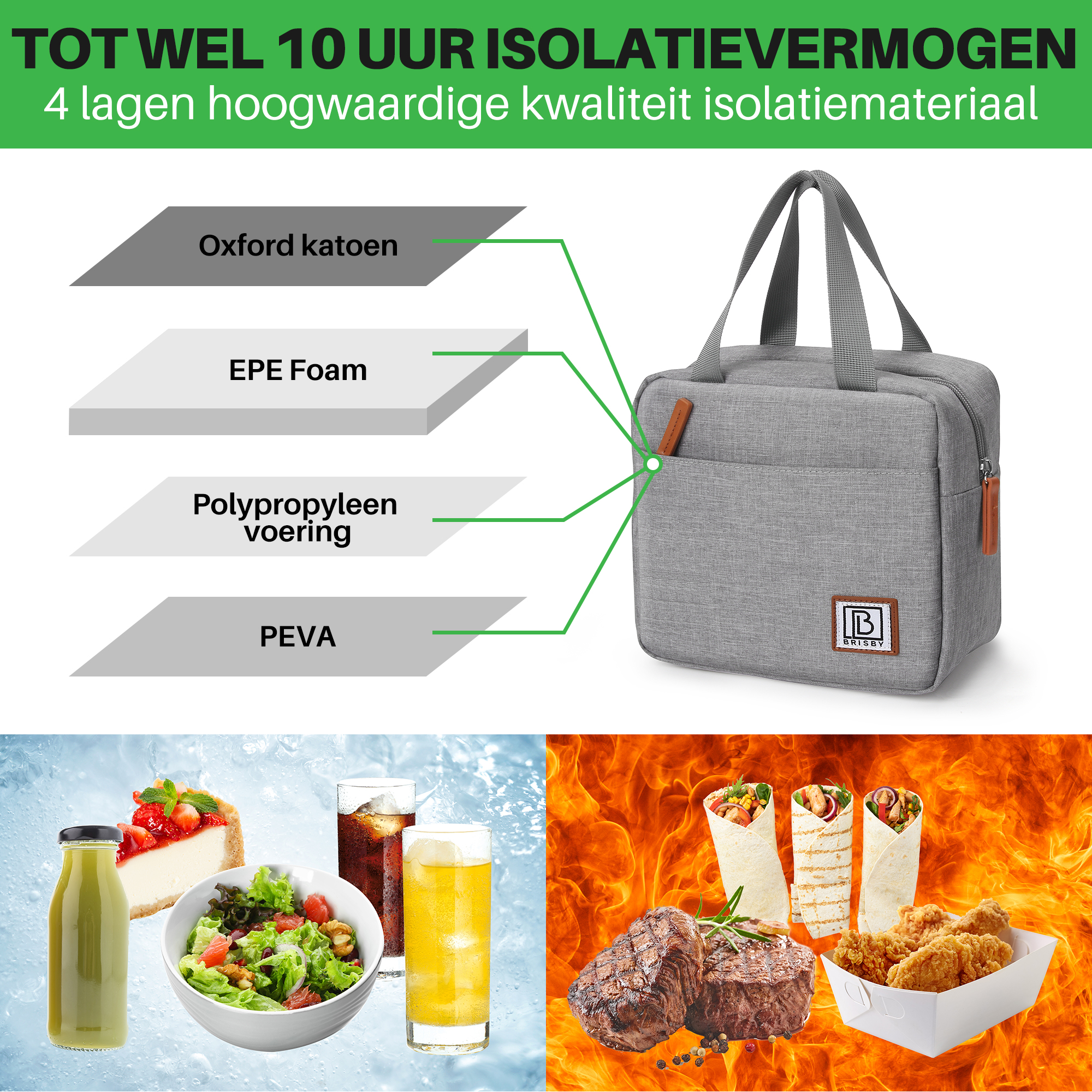 Een grijze geïsoleerde lunchtas met afbeeldingen van voedsel en tekst die de kenmerken beschrijft, inclusief isolatielagen.