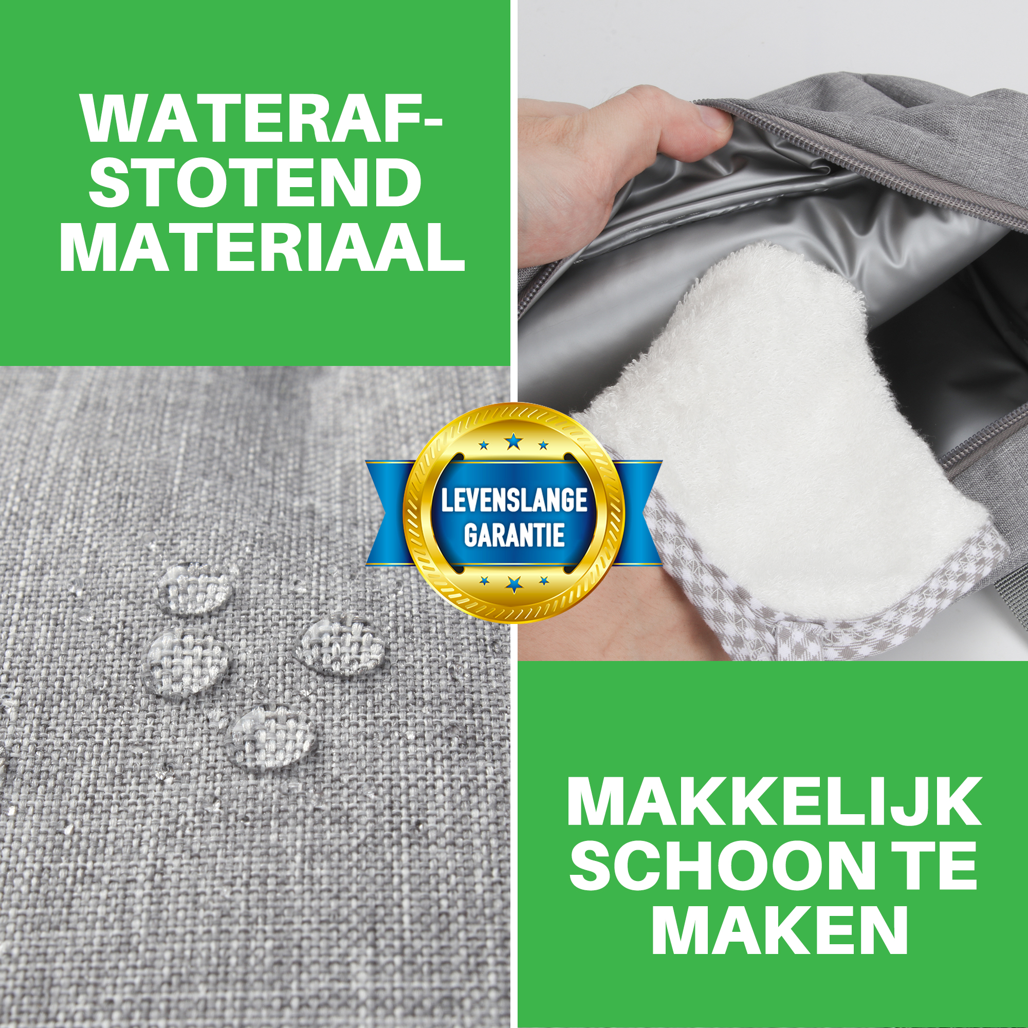 Afbeelding toont waterdicht materiaal, een tas met een handdoek en een garantiebadge. Tekst luidt 'Gemakkelijk schoon te maken'.