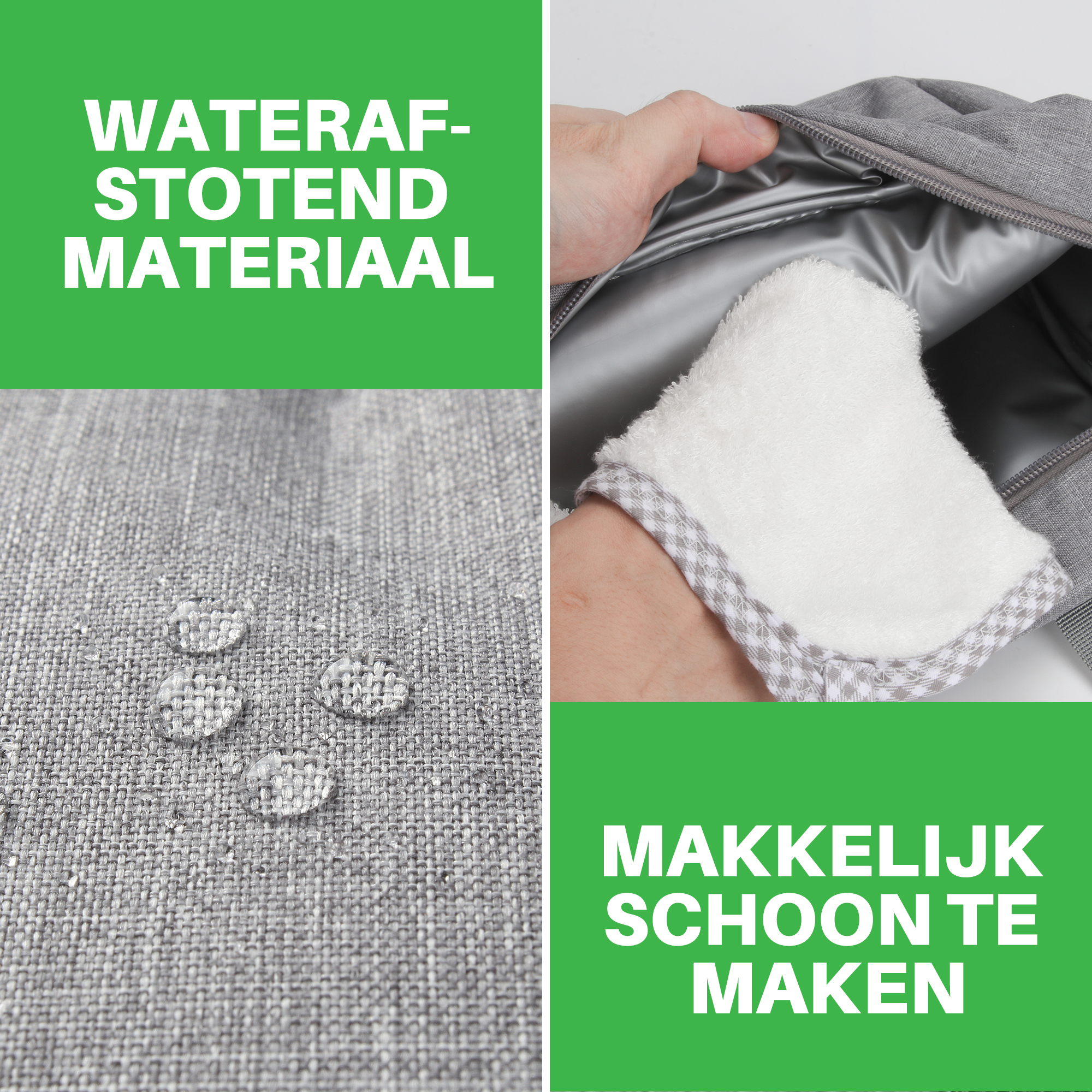 Afbeelding toont waterdruppels op grijze stof, een hand die een witte doek vasthoudt en tekst die waterdicht en gemakkelijk schoonmaken aangeeft.