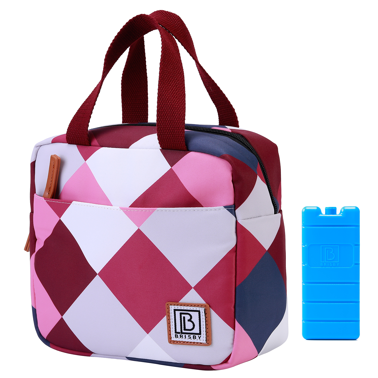 Een geruite lunchtas met bordeauxrode handvatten en een blauwe koelelement. De tas heeft een voorvak en een logopatch.