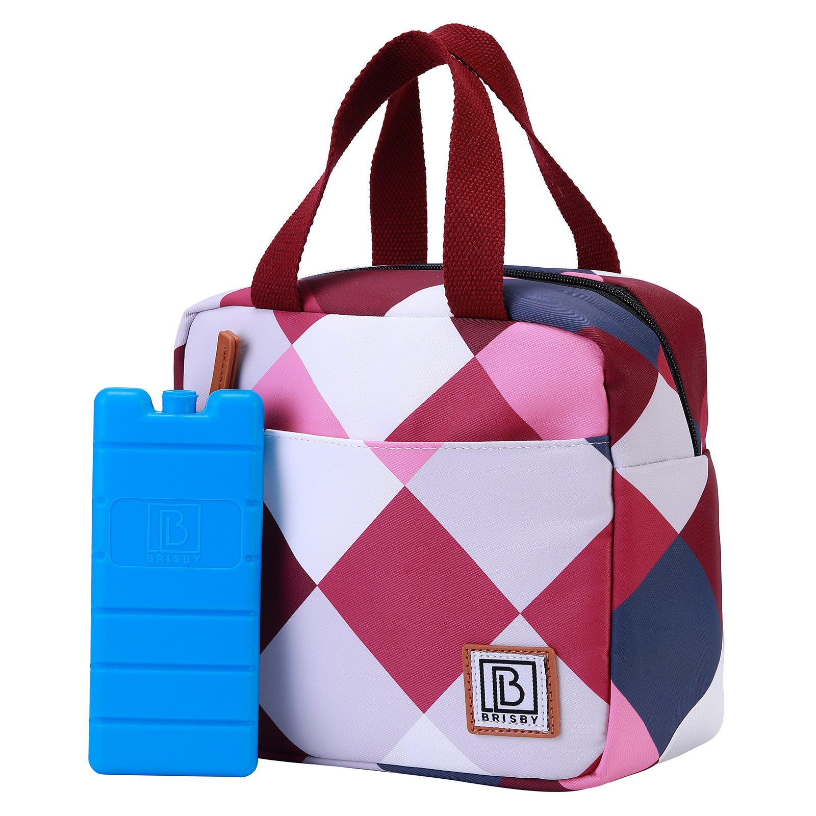 Een lunchtas met een blauwe icepack. De tas heeft een rood-wit ruitpatroon en rode handvatten.