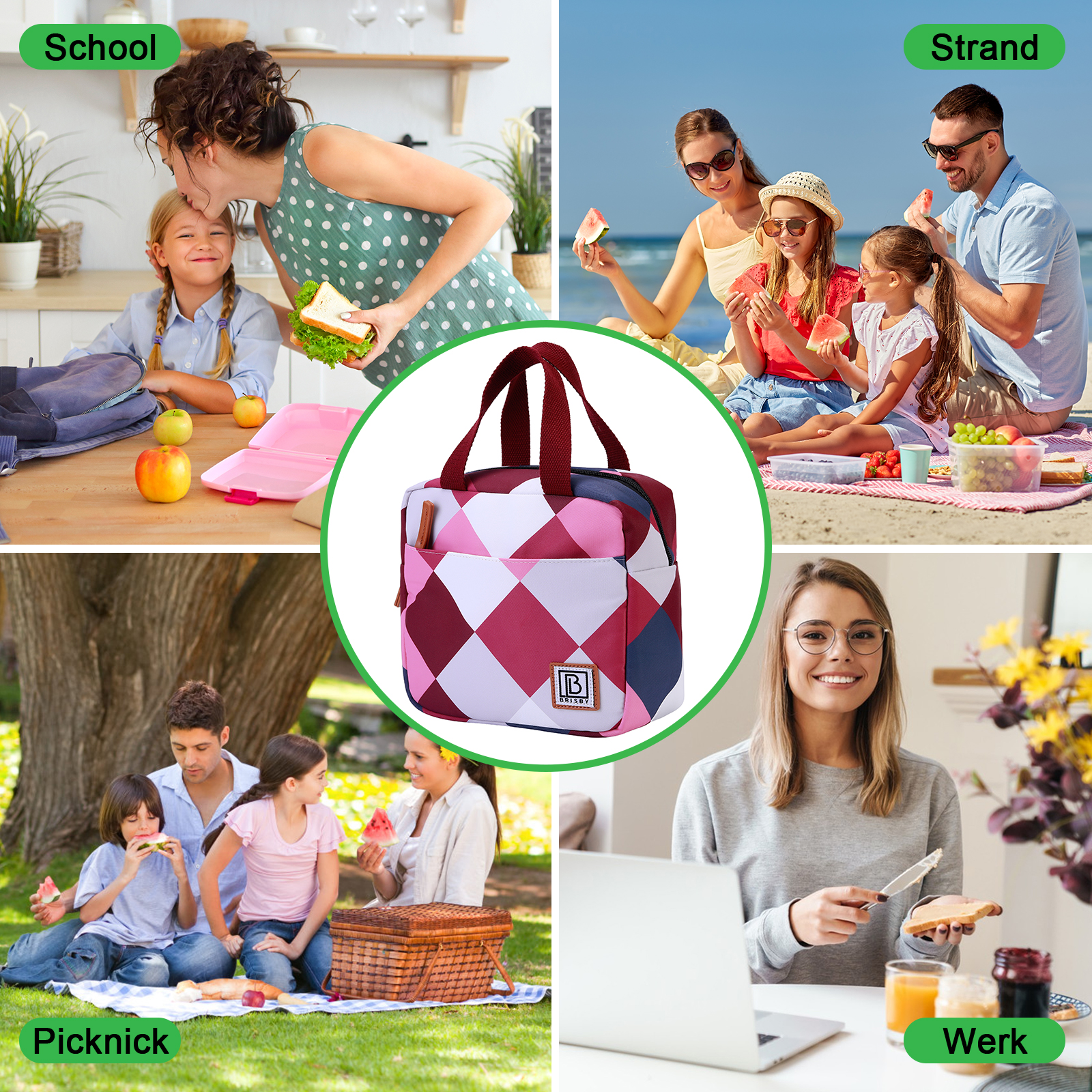Een lunchtas met een kleurrijk ruitpatroon staat centraal. Vier scènes omringen het: school, strand, picknick en werk.