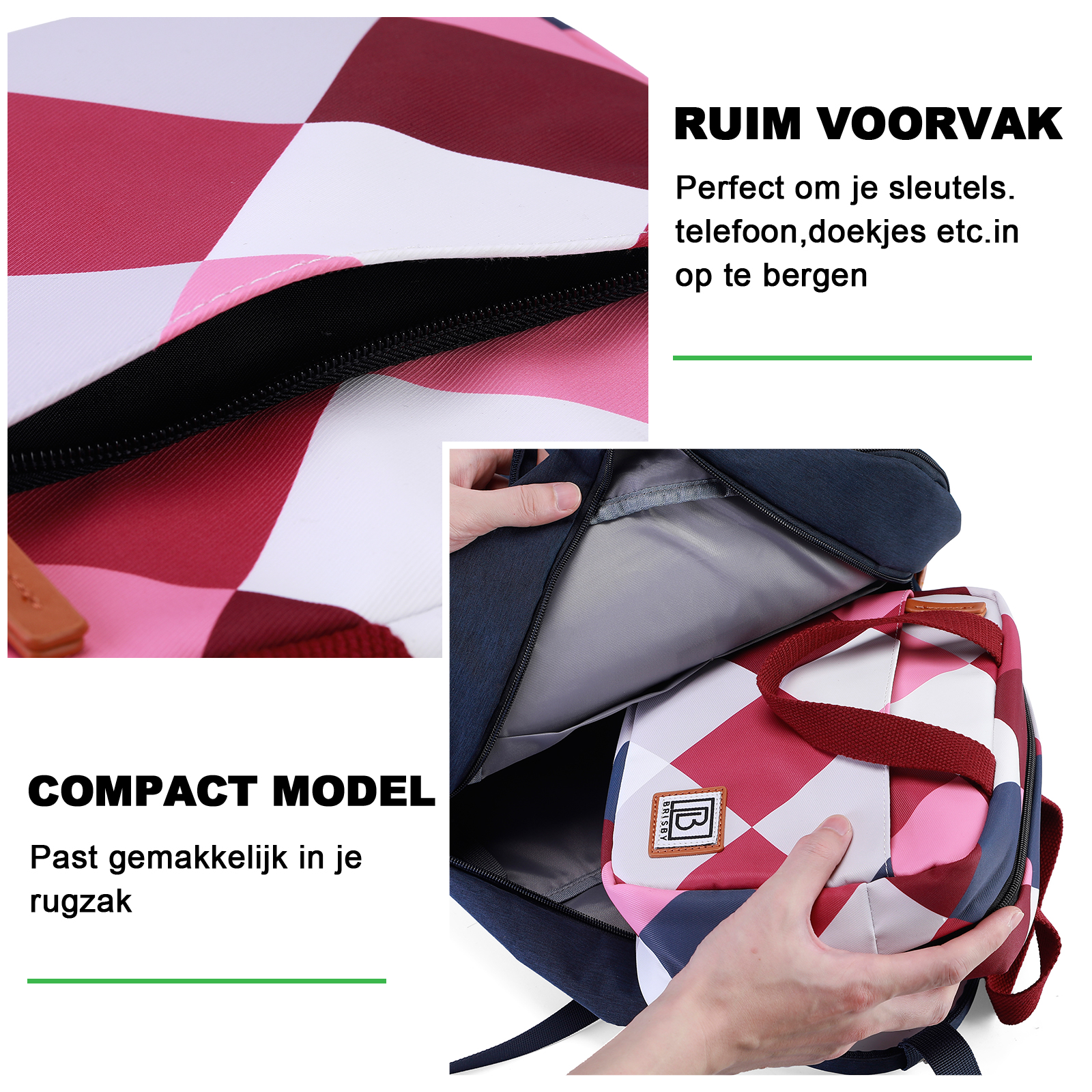 Een rugzak met ruitpatroon wordt geopend. De binnenkant en de zak zijn zichtbaar.