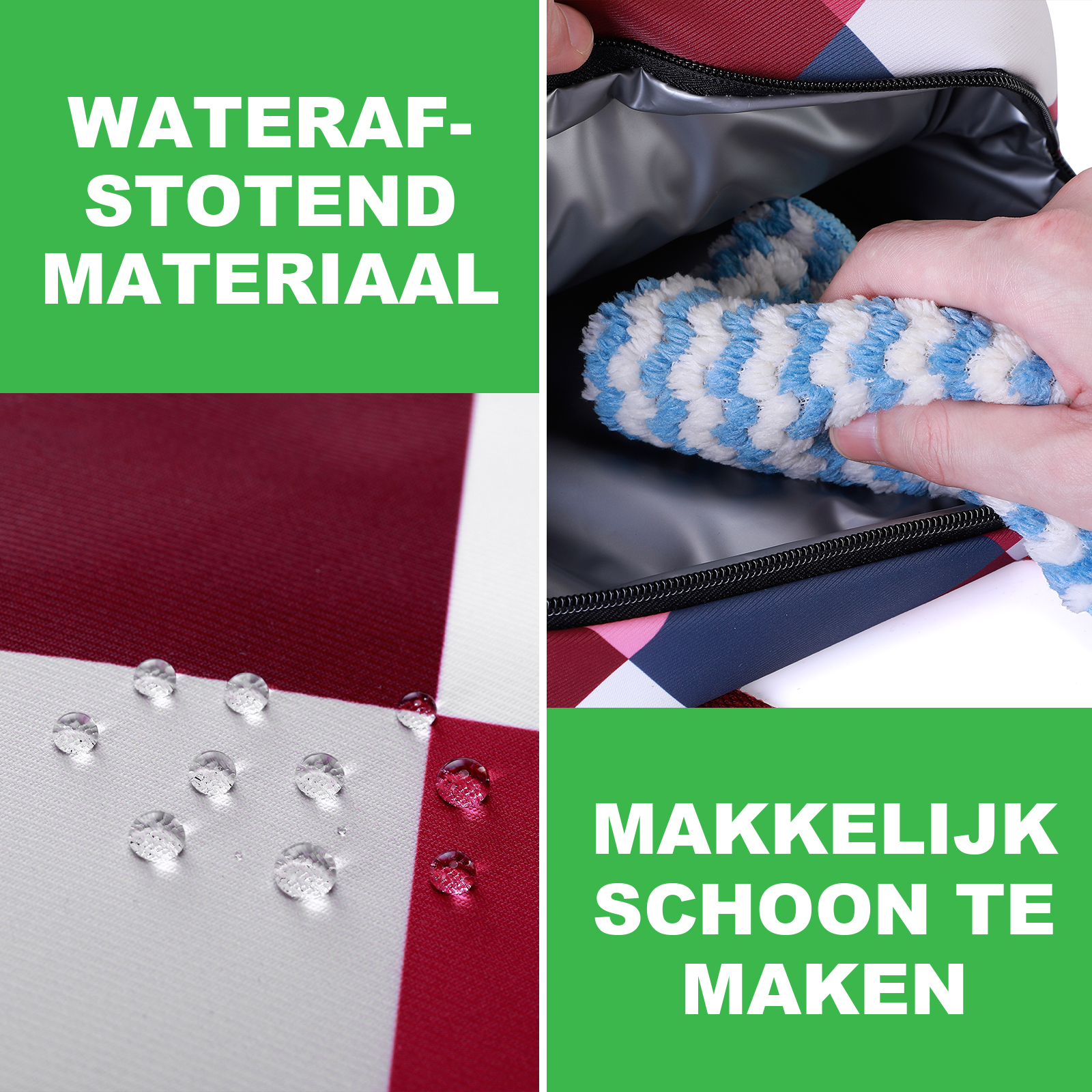 De afbeelding toont een tas met waterdicht materiaal. De binnenkant van de tas wordt schoongemaakt met een blauw-witte doek.