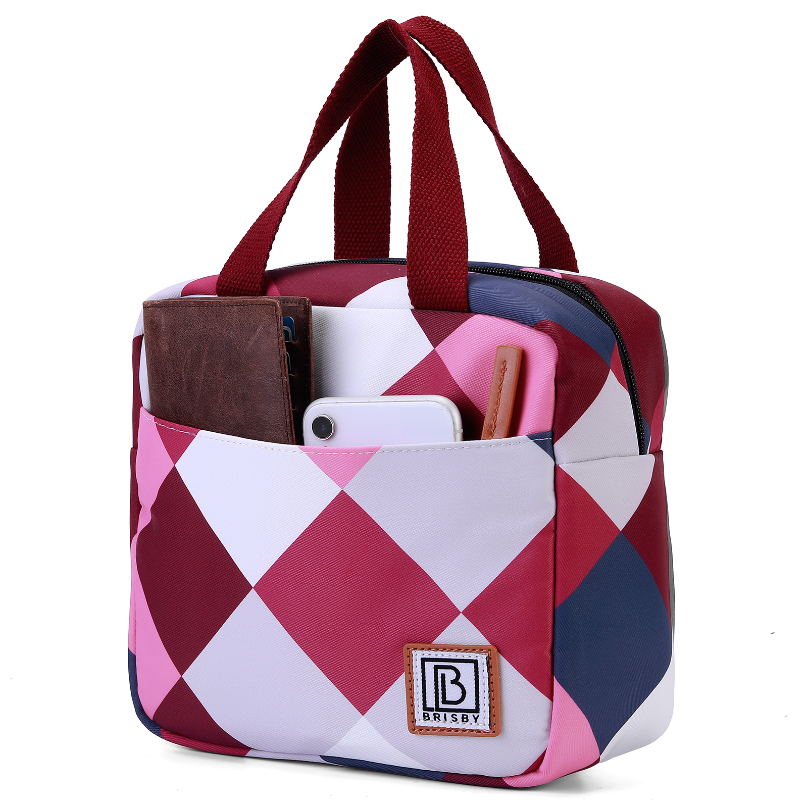 Een totebag met patroon en bordeauxrode handvatten. Het heeft een voorvak met een portemonnee, telefoon en pen erin.
