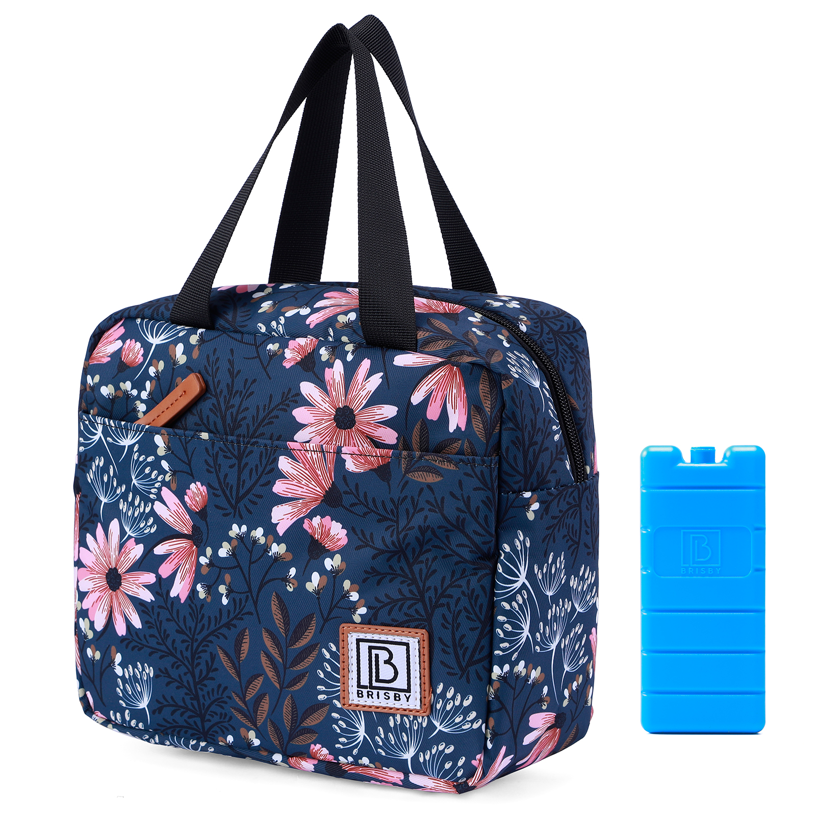 Een bloemrijke lunchtas met een blauwe icepack. De tas heeft een bloemenpatroon en zwarte handvatten.