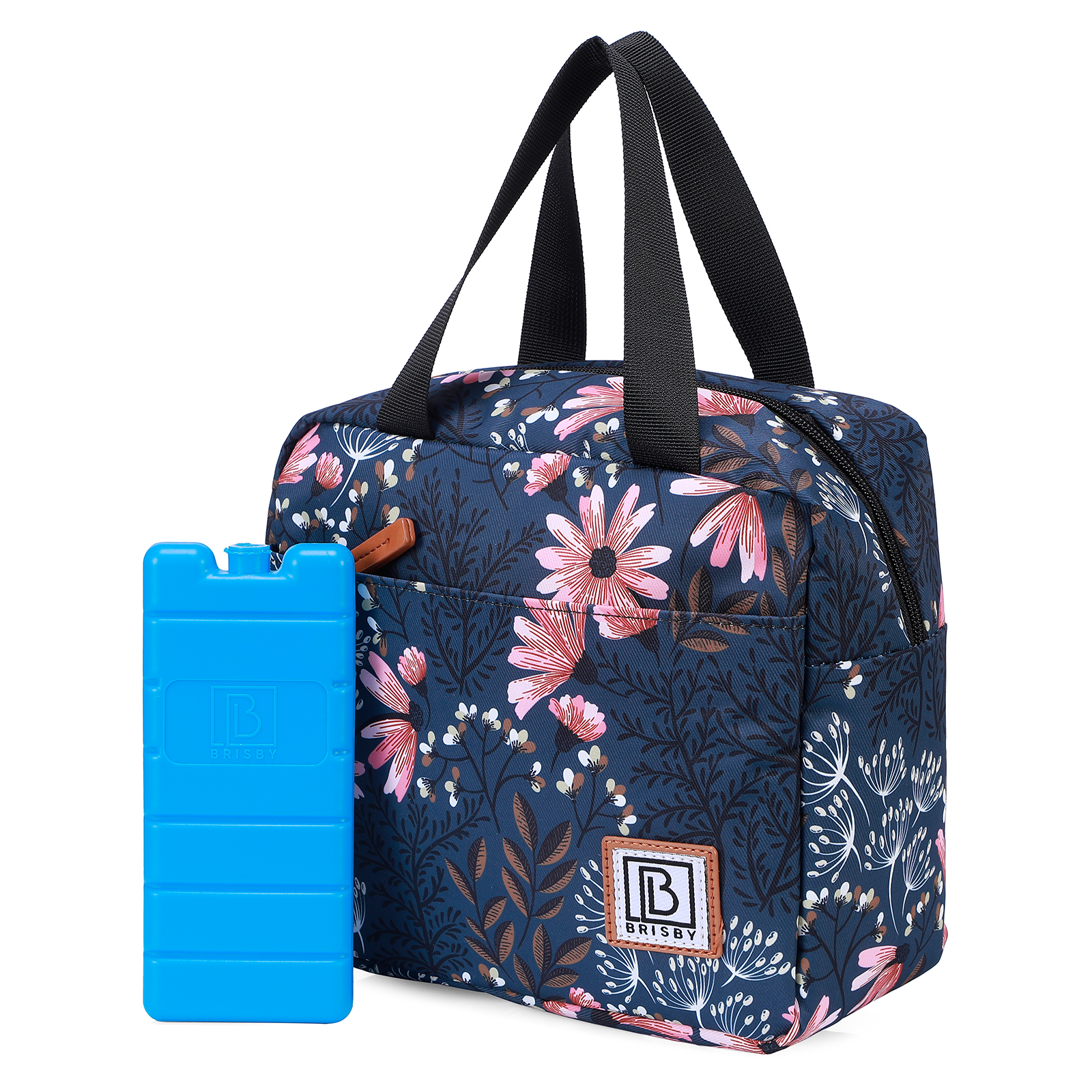 Een bloemenlunchtas met zwarte handvatten en een blauwe koelelement. De tas heeft een donkerblauwe achtergrond met roze bloemen.