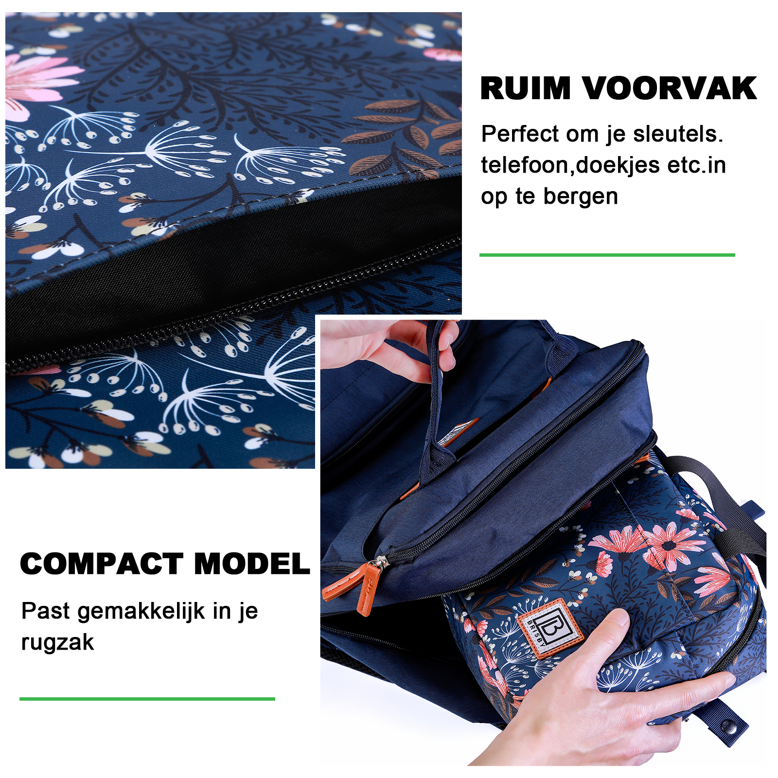 Marineblauwe rugzak met bloemenpatroon. Een hand opent een compartiment en toont een kleinere tas. Tekst: Compact model en Ruim voorvak.