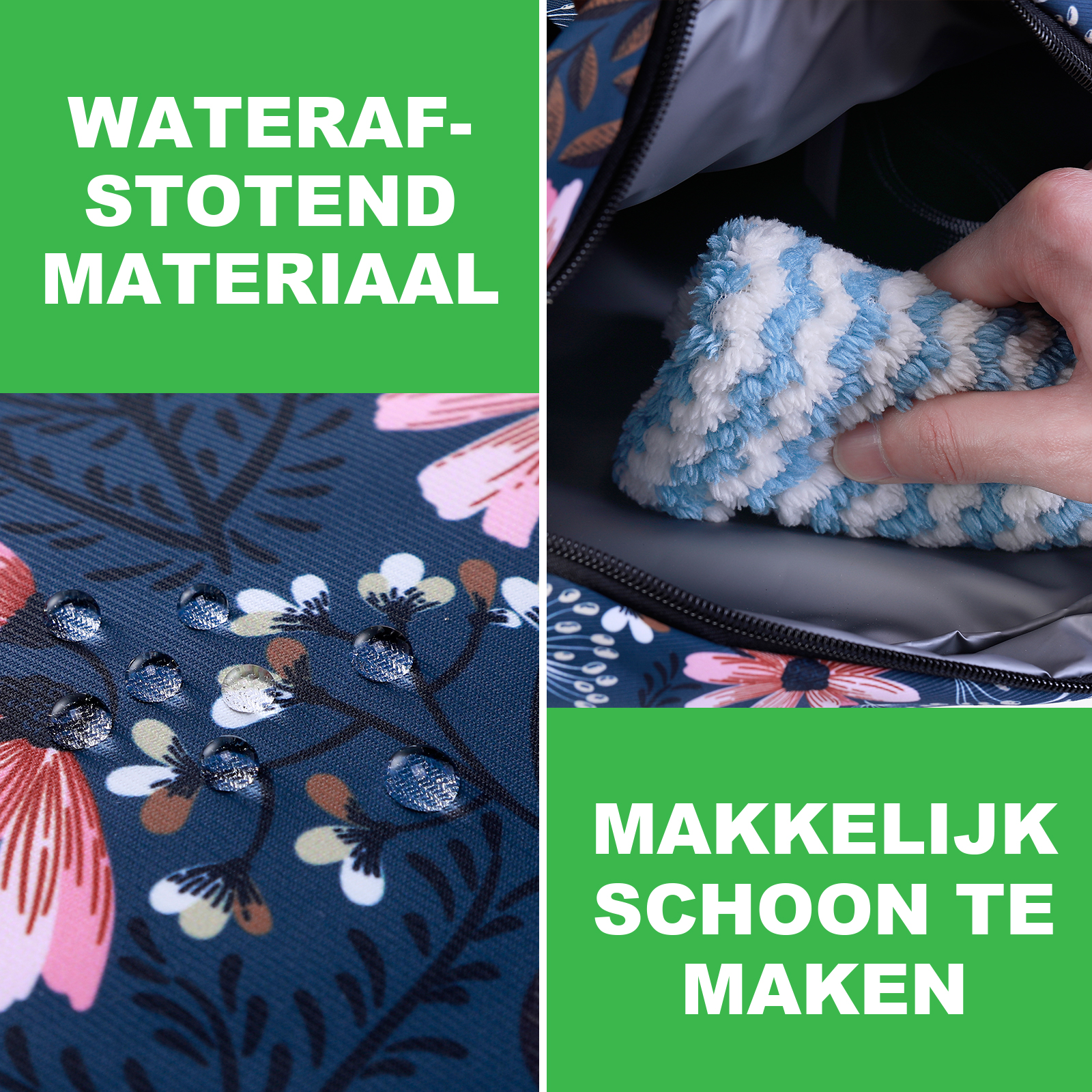De afbeelding toont waterdicht materiaal met waterdruppels, een hand die een schoonmaakdoek vasthoudt en tekst die gemakkelijk schoonmaken aangeeft.