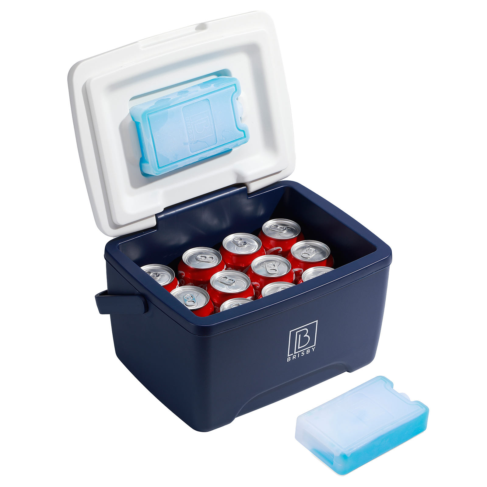 Een marineblauwe koeler met wit deksel bevat rode blikjes. Een blauw icepack ligt binnen. Een ander icepack ligt buiten.