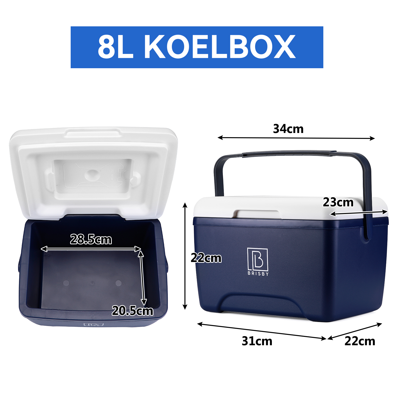Open blauwe koeler met wit deksel. Afmetingen worden weergegeven. Gelabeld '8L KOELBOX'. Het merk is 'BRISBY'.