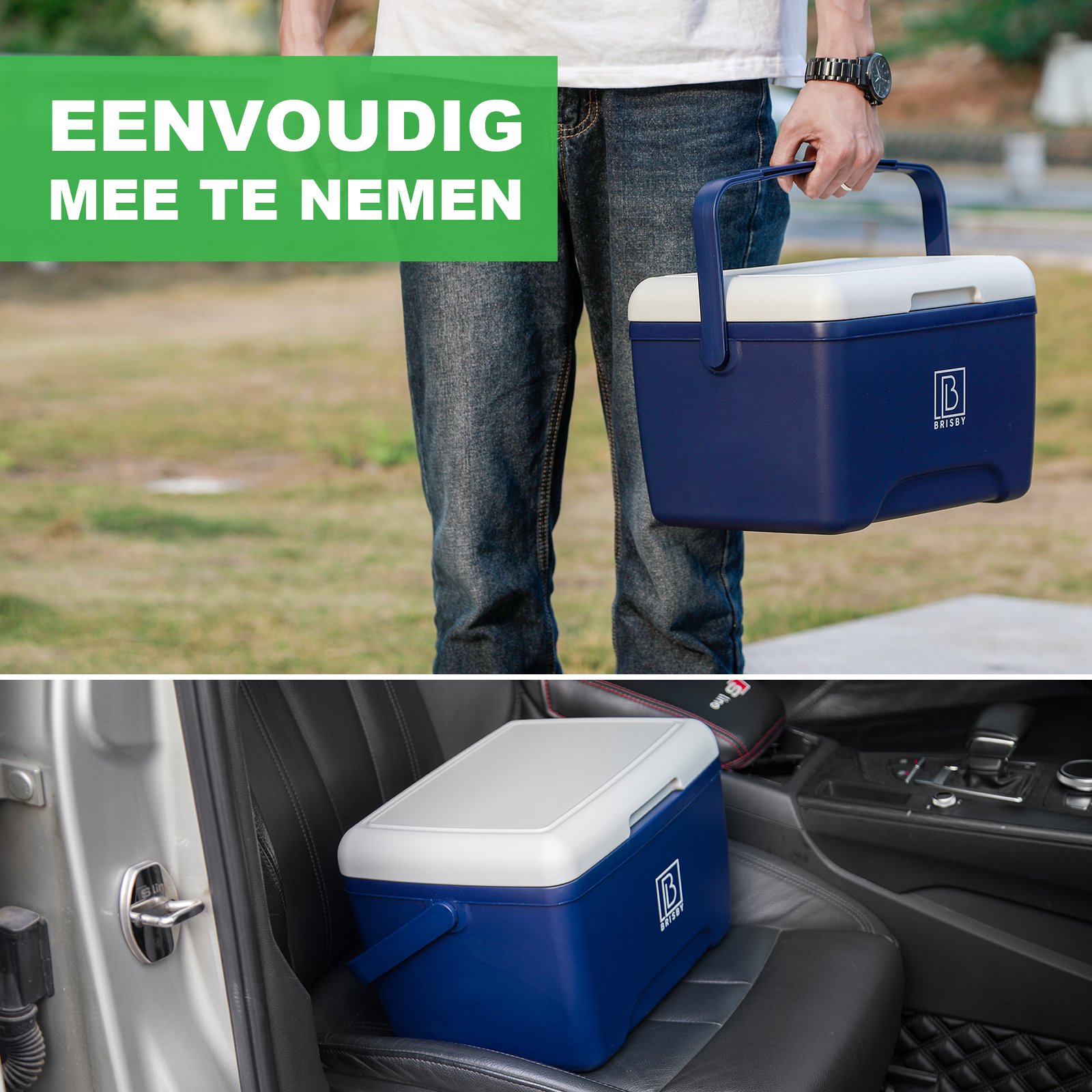 Een persoon houdt een blauw-witte koeler vast. De koeler staat ook op een autostoel. De tekst luidt 'Gemakkelijk mee te nemen'.