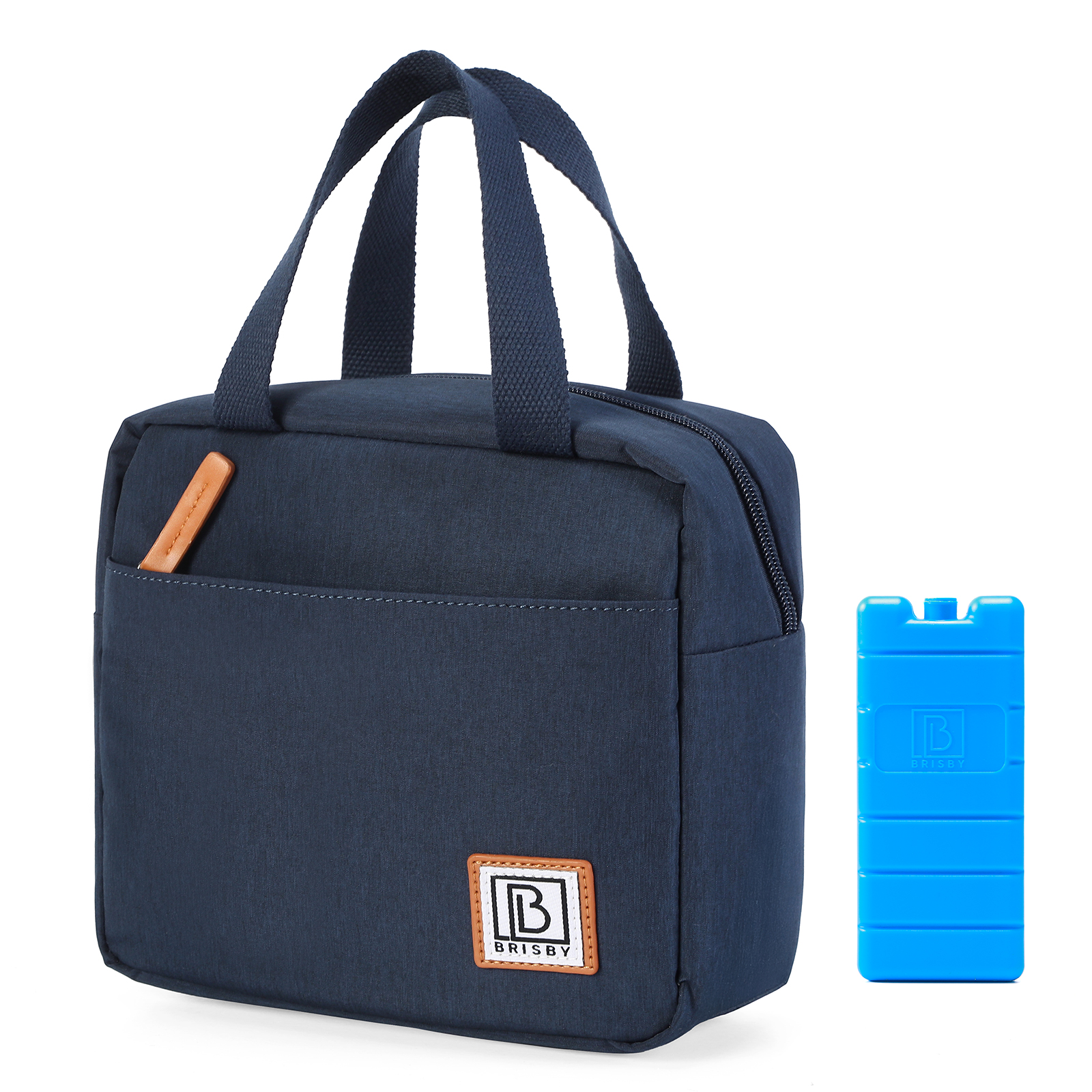 Marineblauwe lunchtas met handvatten, bruin accent, rits en een blauw icepack. Met Brisby-logo.