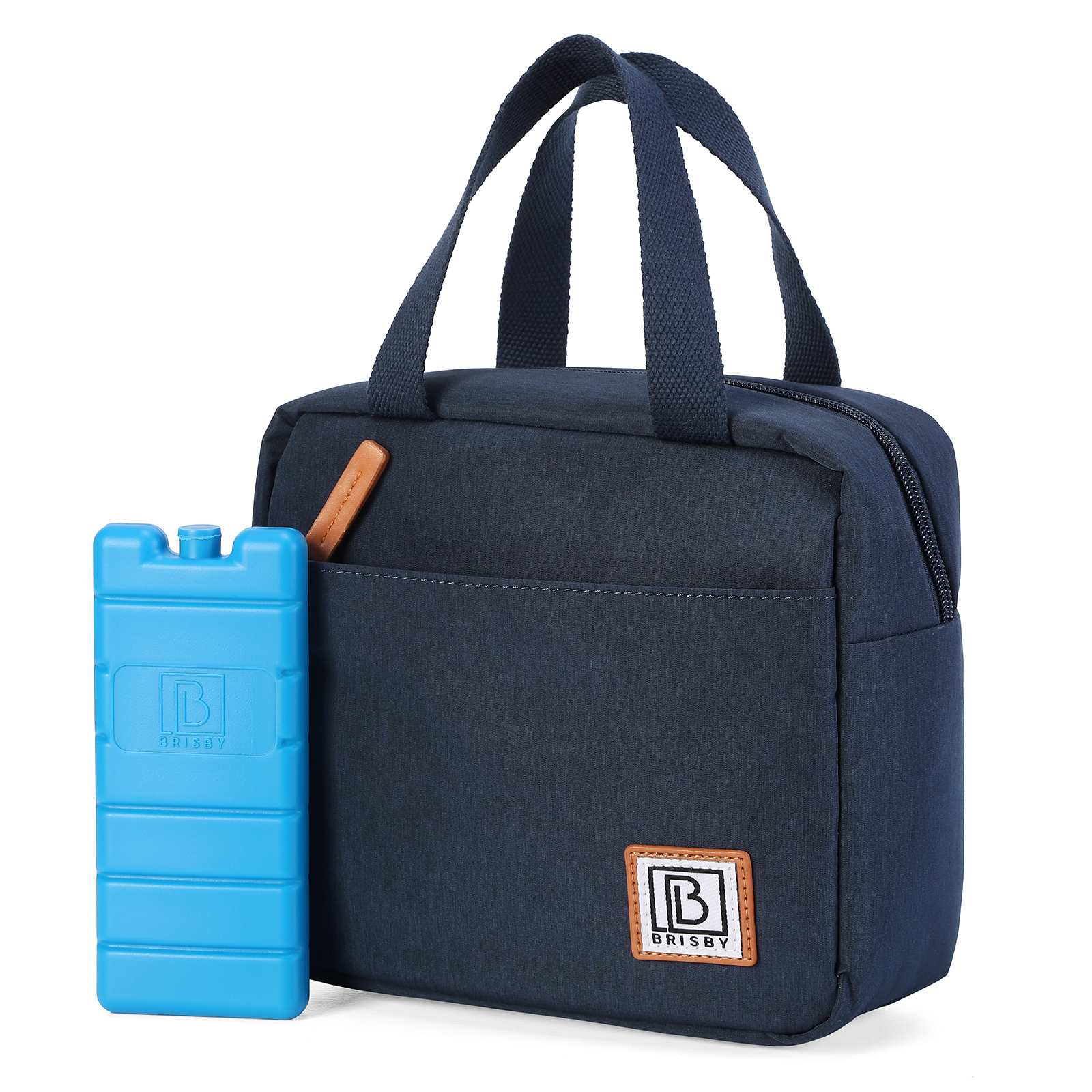 Marineblauwe lunchtas met handvatten, bruin lederen accent en een blauwe koelelement. De tas heeft een logo.