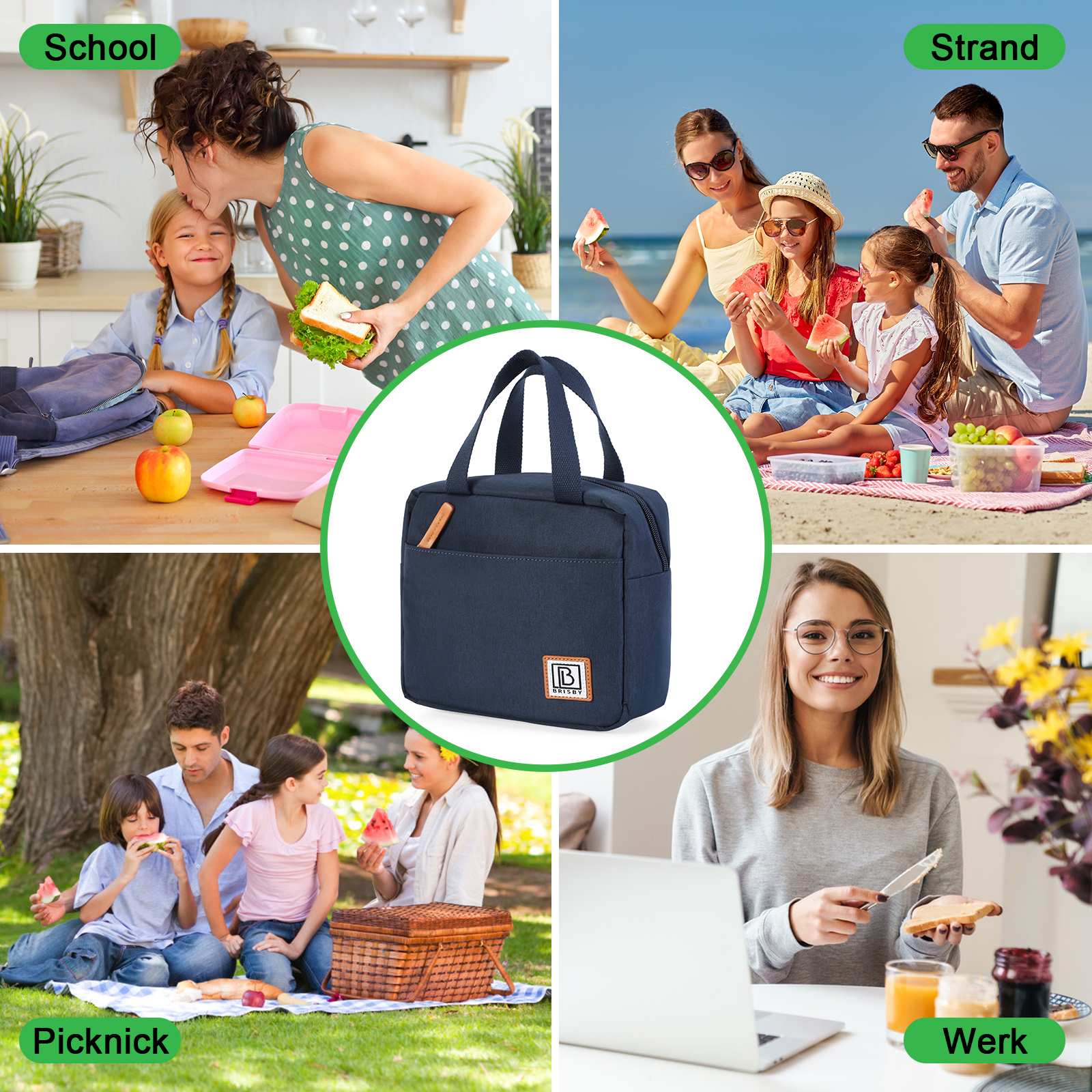 Een marineblauwe lunchtas staat centraal. Vier andere scènes tonen: school, strand, picknick en een vrouw die toast maakt.