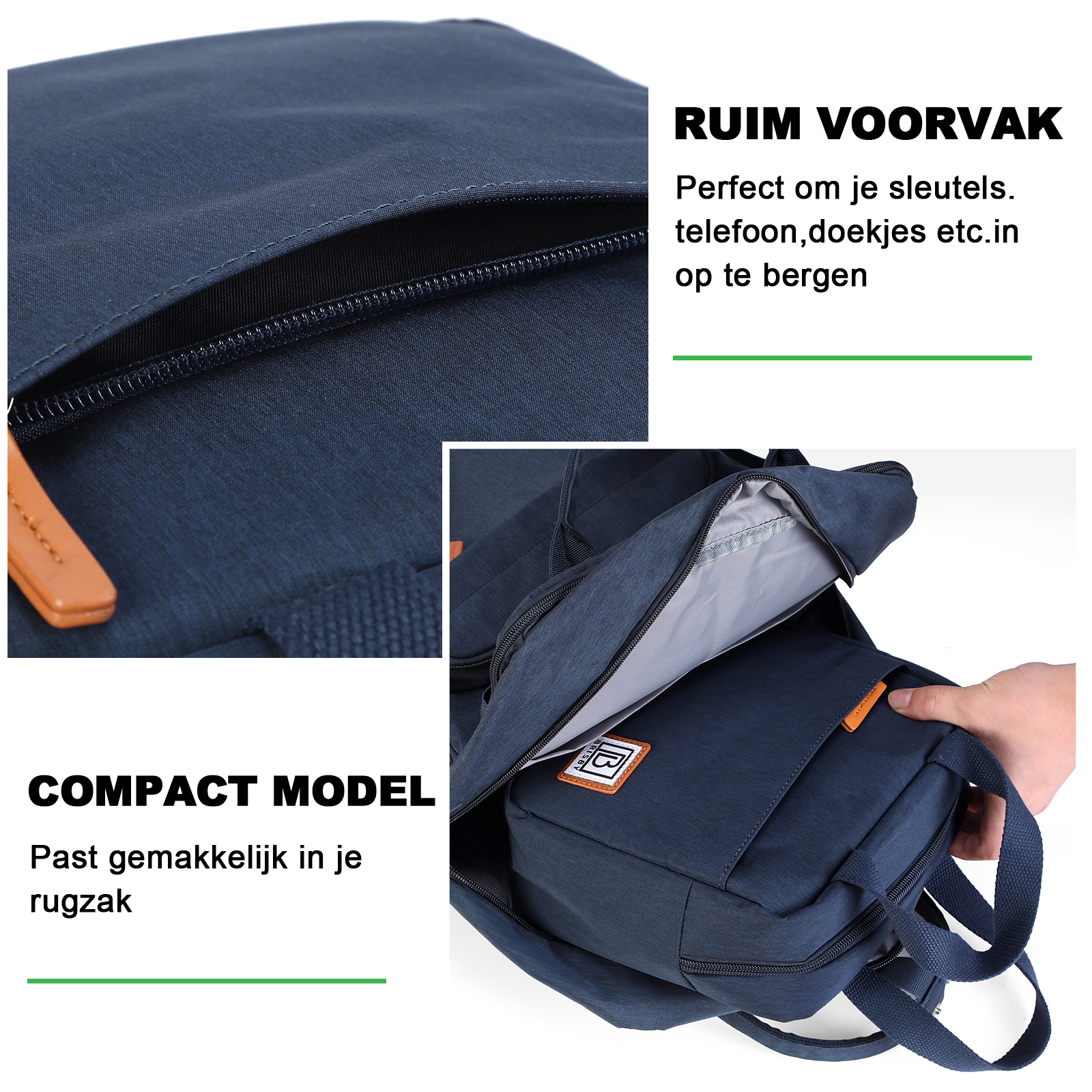Marineblauwe rugzak met open zak. Tekst zegt 'compact model' en 'ruime voorzak voor sleutels, telefoon, etc.'