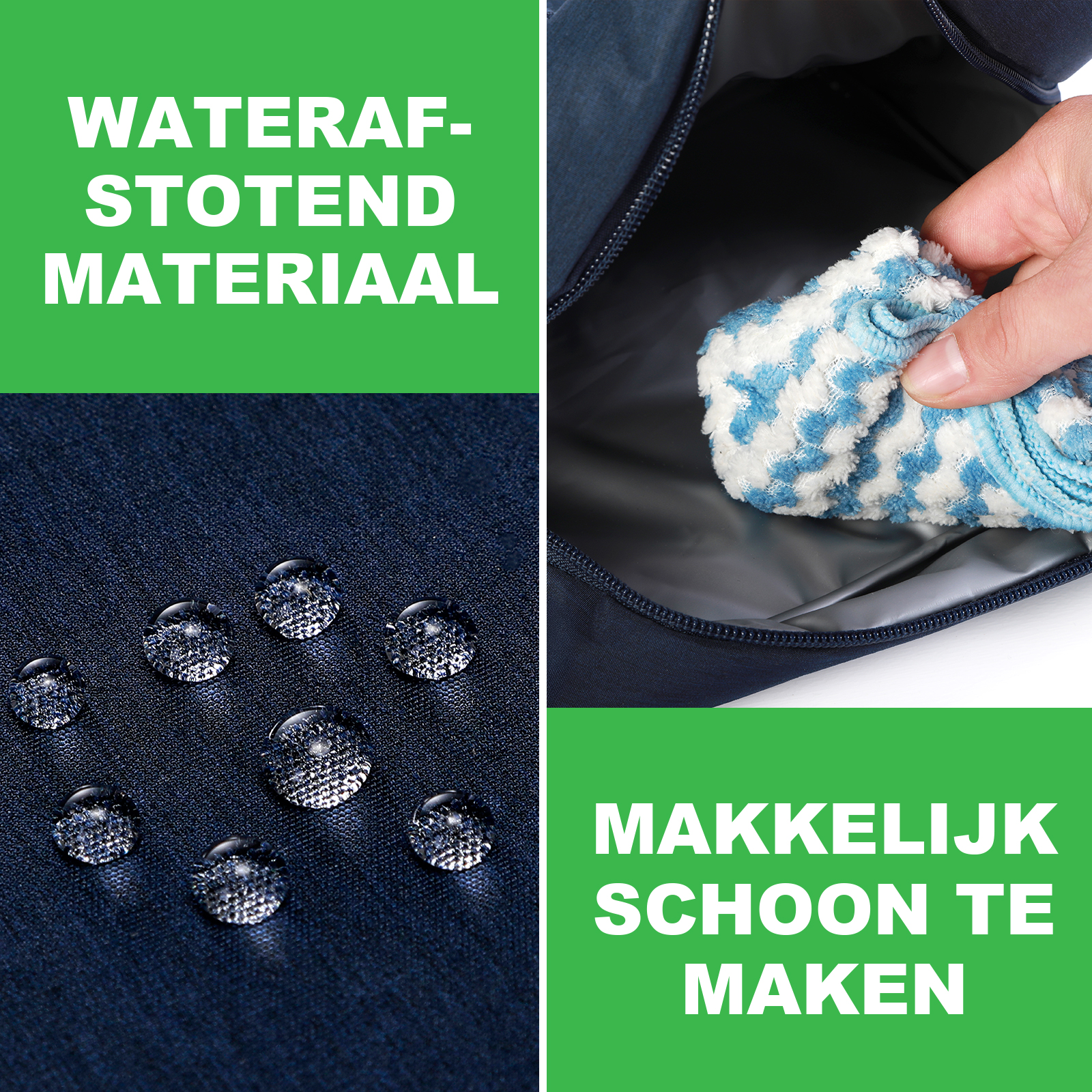 Afbeelding toont waterdruppels op donkerblauwe stof, een hand met een doek en tekst over gemakkelijk schoonmaken.
